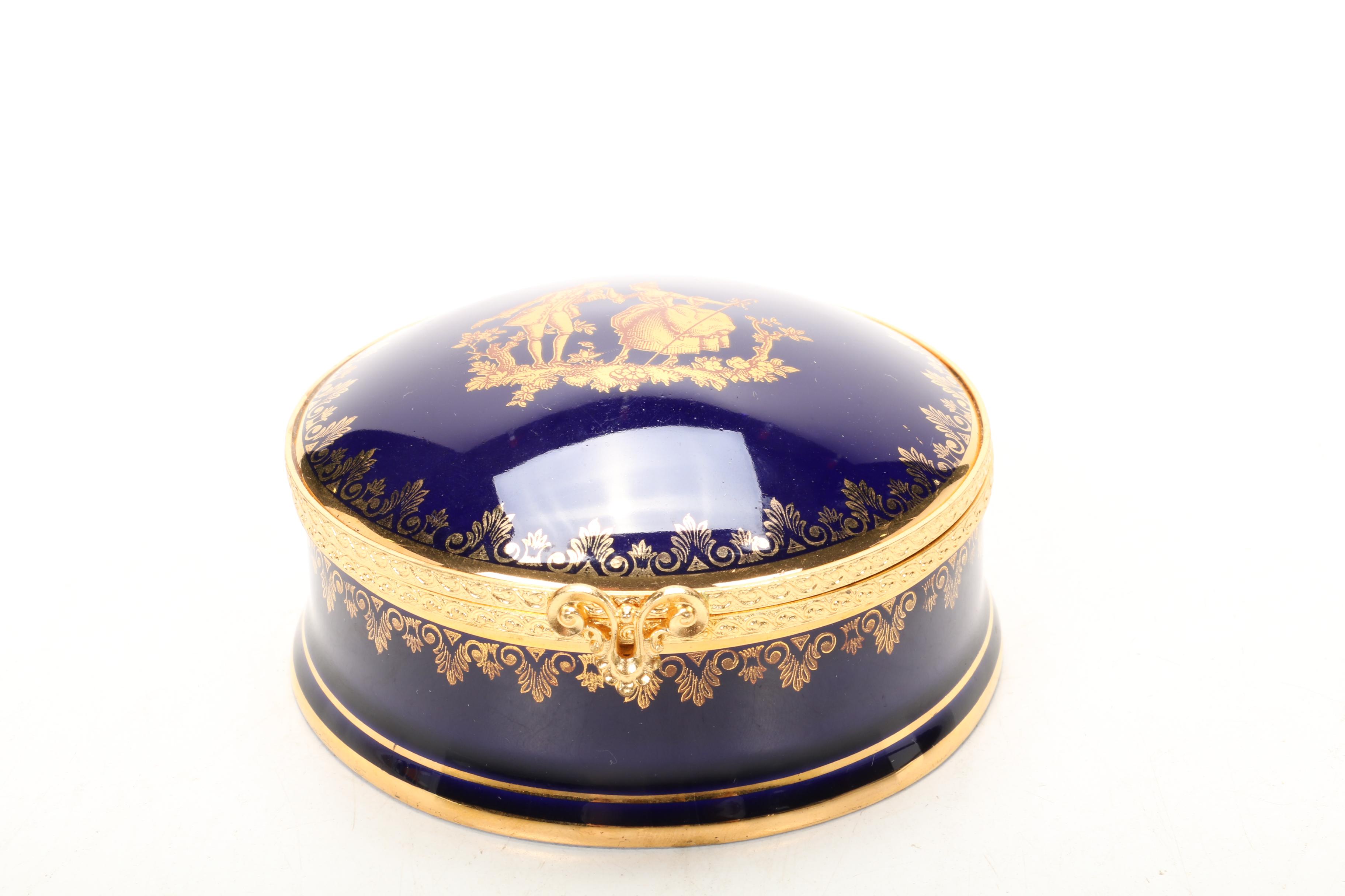 Castel Limoges Porcelain Gold Painted Rococo Motif Vanity Boxes, Mid-Late 20th C