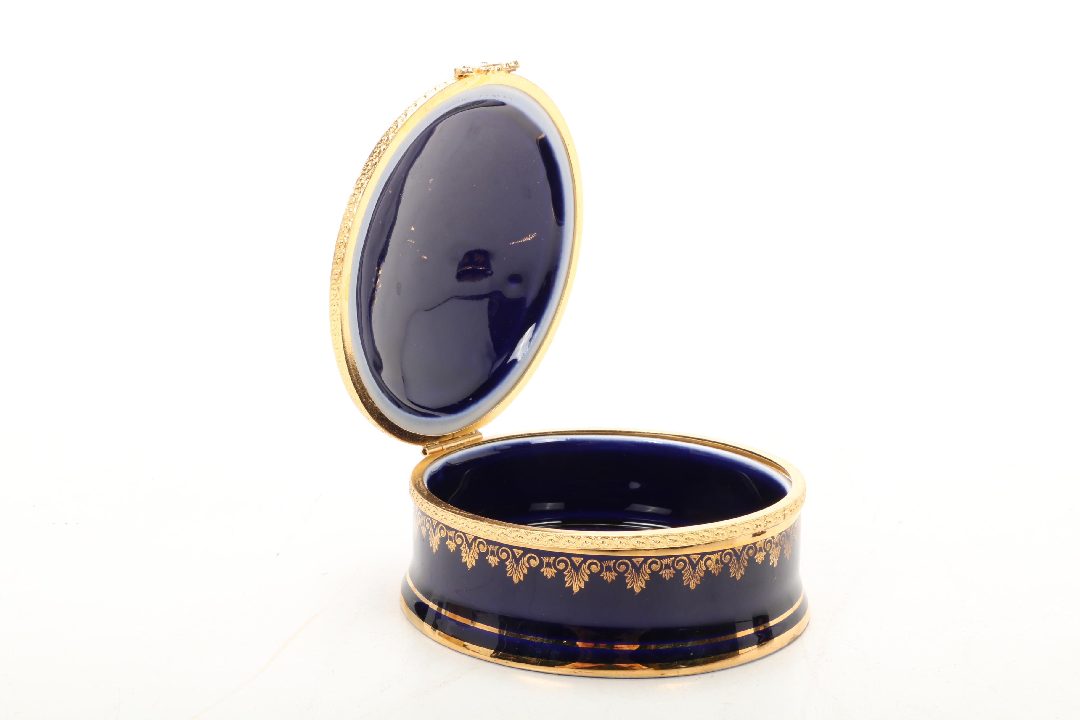 Castel Limoges Porcelain Gold Painted Rococo Motif Vanity Boxes, Mid-Late 20th C