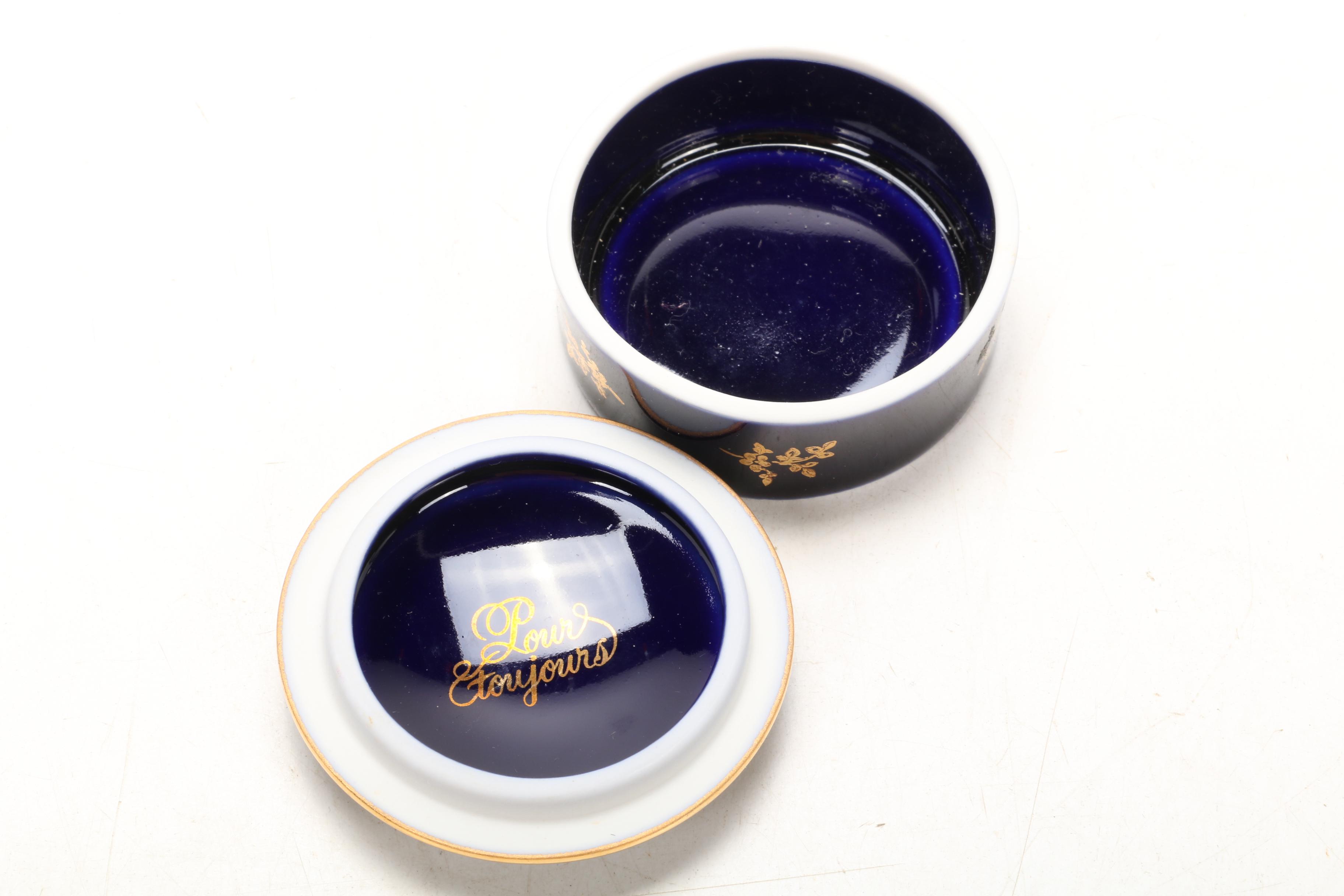 Castel Limoges Porcelain Gold Painted Rococo Motif Vanity Boxes, Mid-Late 20th C