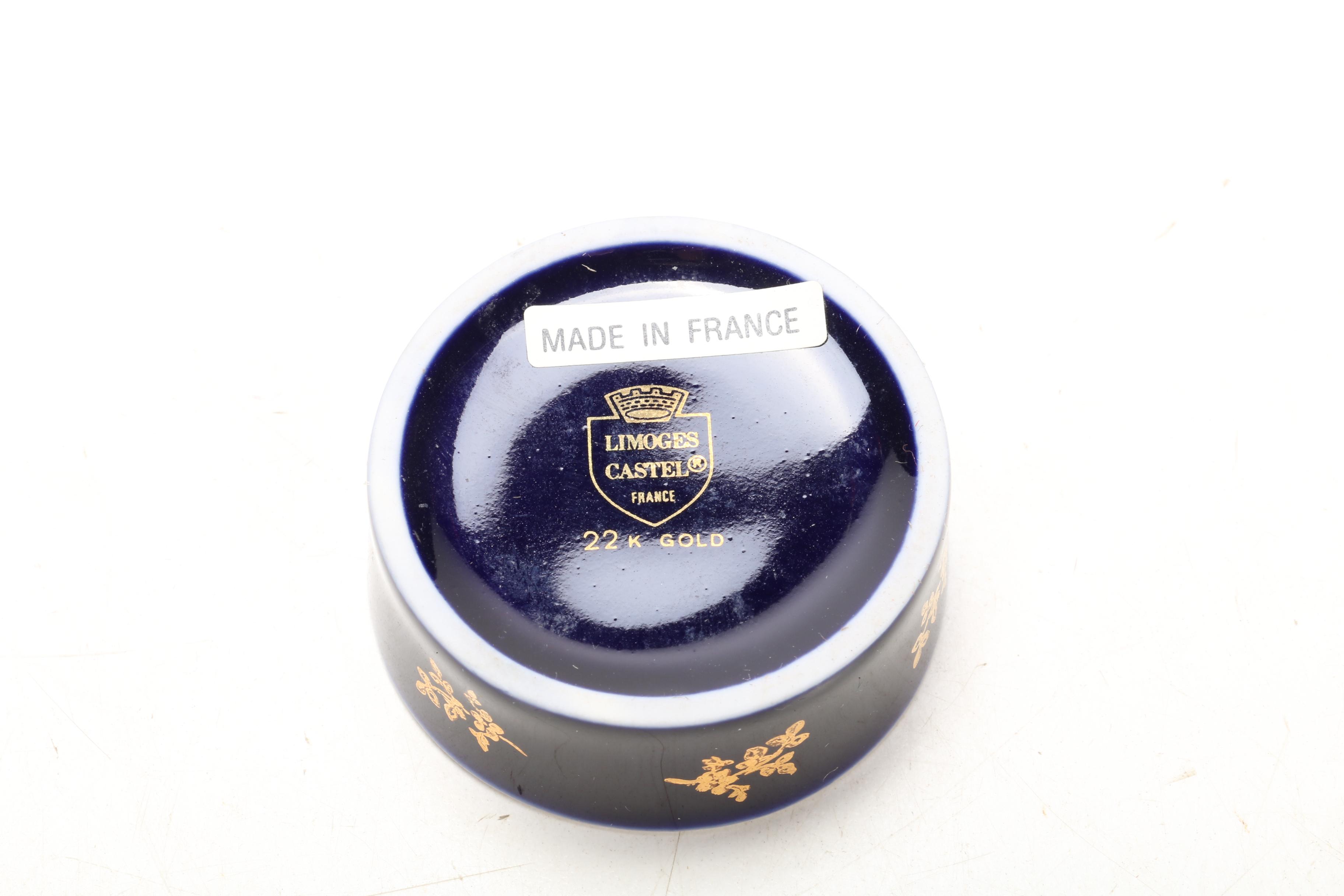 Castel Limoges Porcelain Gold Painted Rococo Motif Vanity Boxes, Mid-Late 20th C