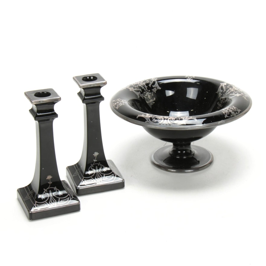 Black Glass with Metal Inlay Garniture Set, Mid-20th Century