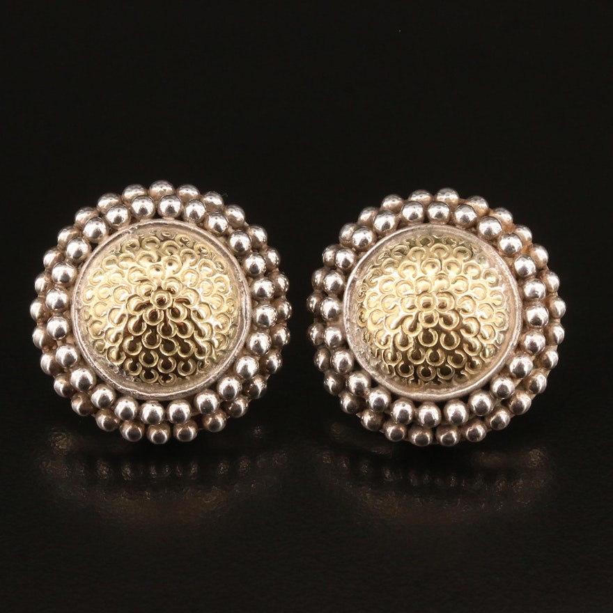 John Hardy 18K and Sterling Silver Domed Disk Earrings with Beaded Edges