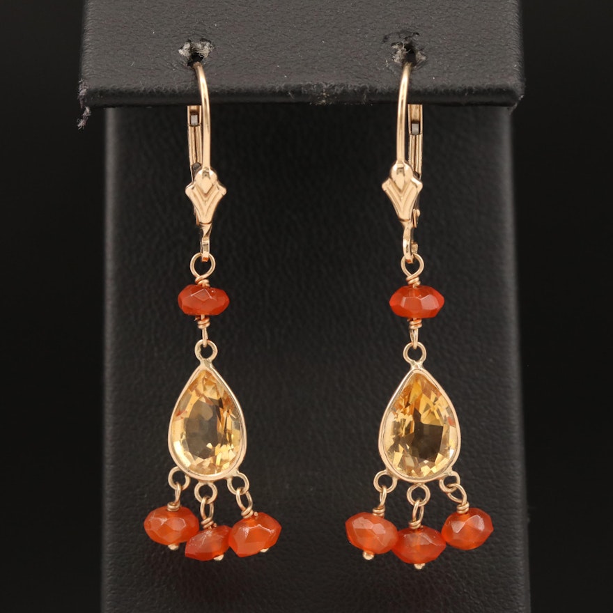 14K Citrine and Fire Opal Dangle Earrings