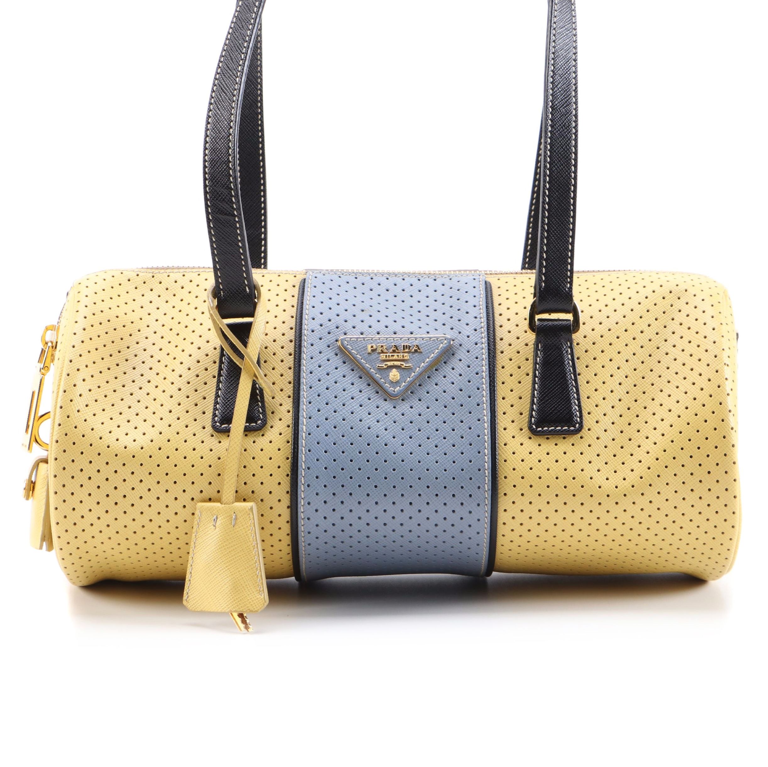 Prada Barrel Bag in Color Block Perforated Saffiano Leather