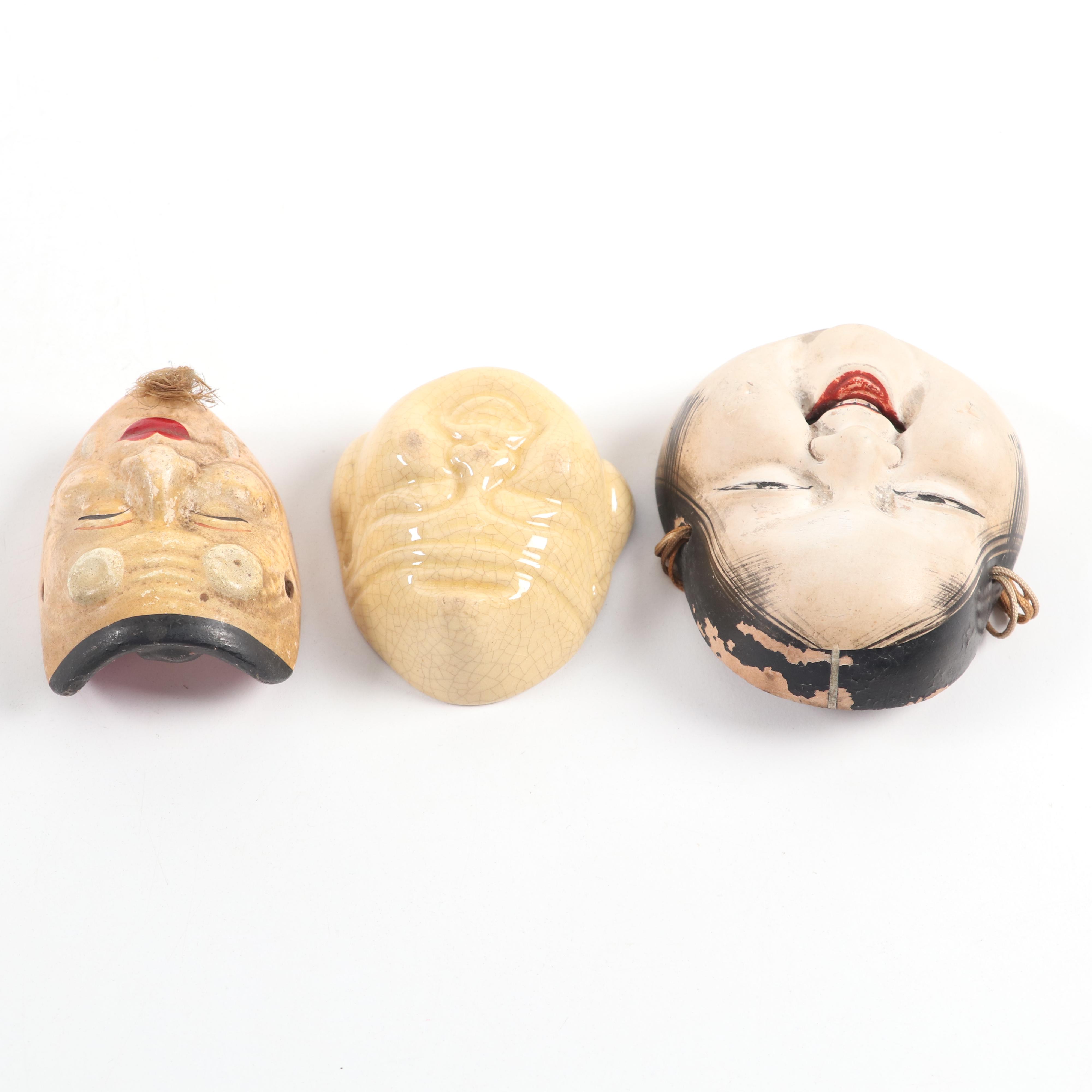 Japanese Miniature Noh Masks with Erotic Scene and Ebisu Sake Cup