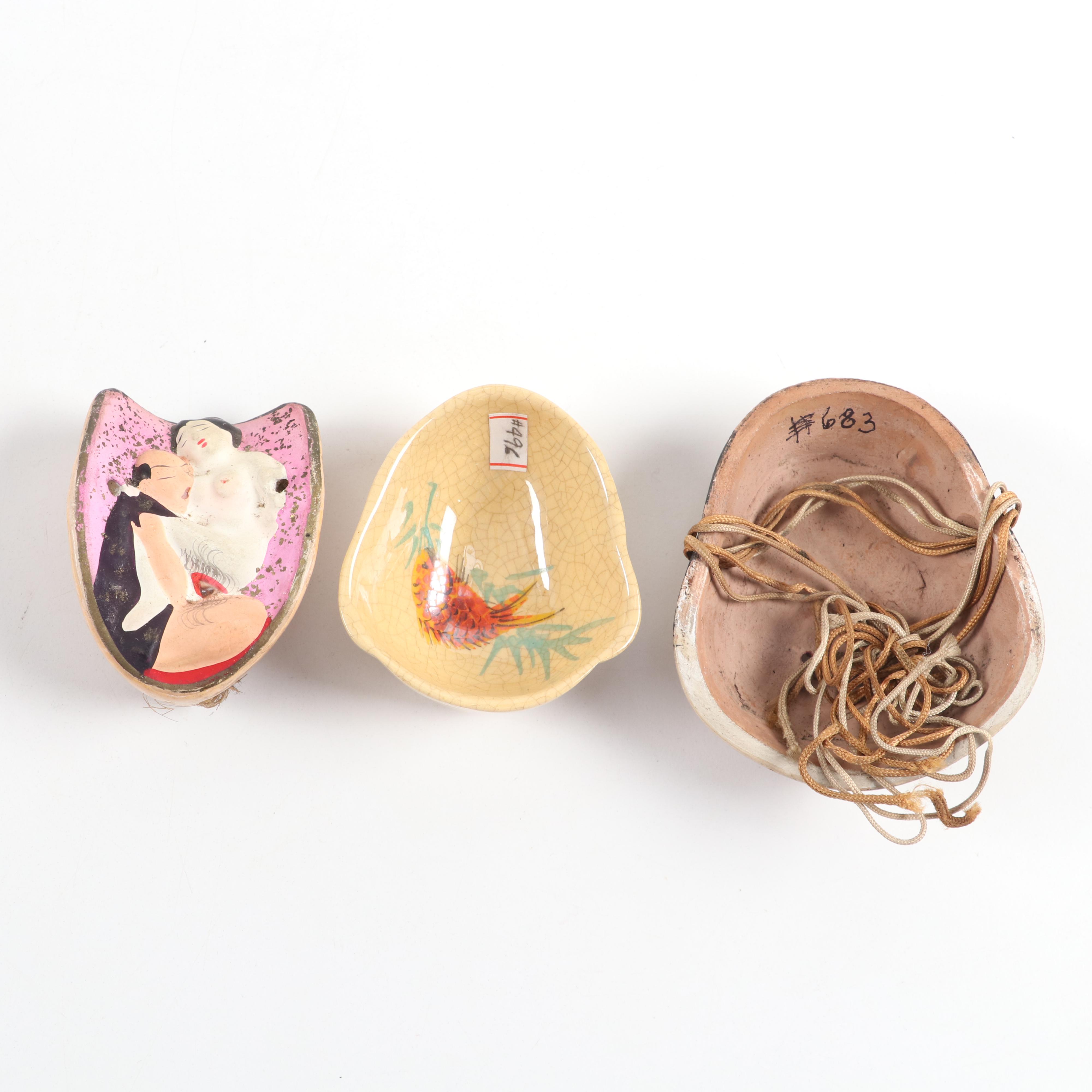 Japanese Miniature Noh Masks with Erotic Scene and Ebisu Sake Cup