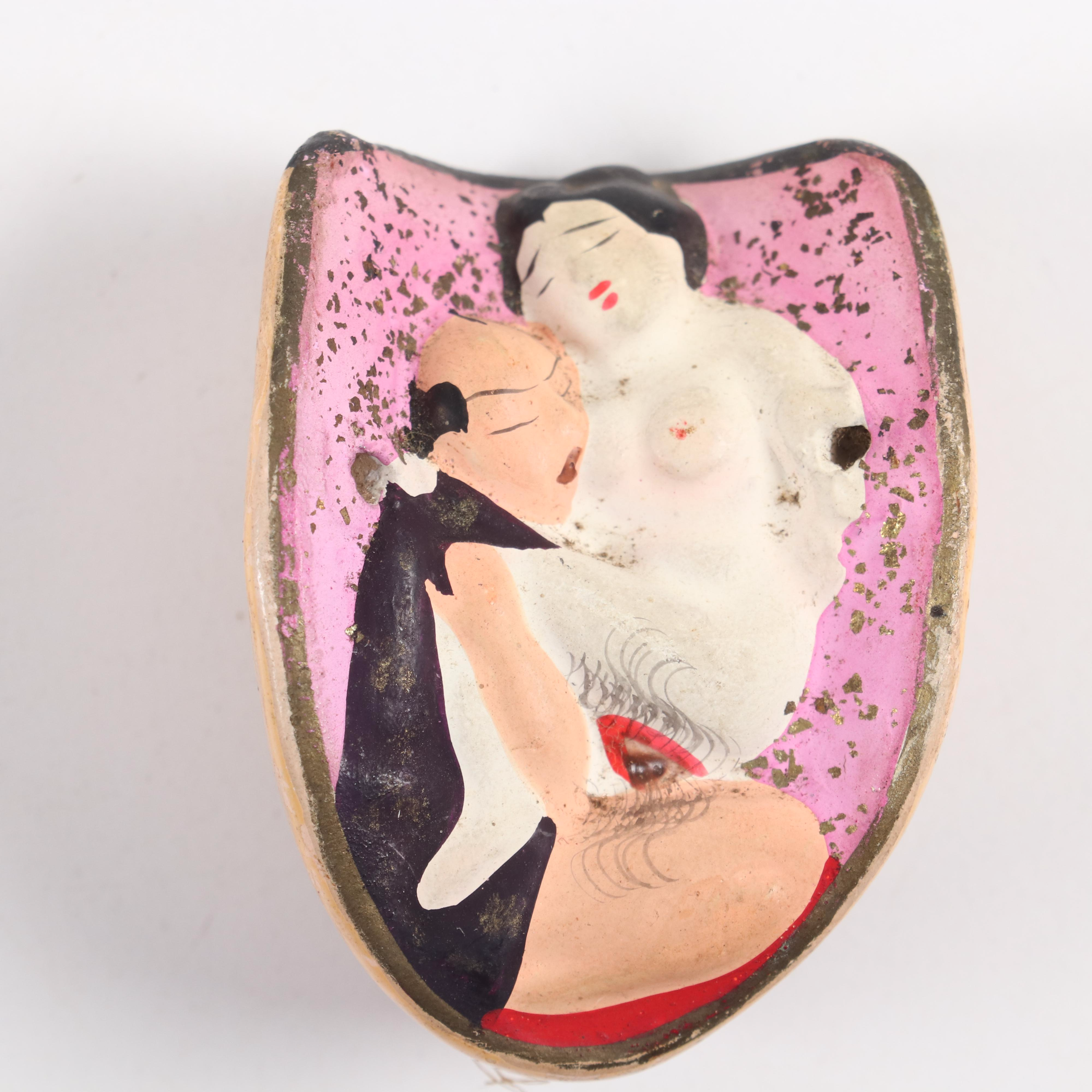 Japanese Miniature Noh Masks with Erotic Scene and Ebisu Sake Cup