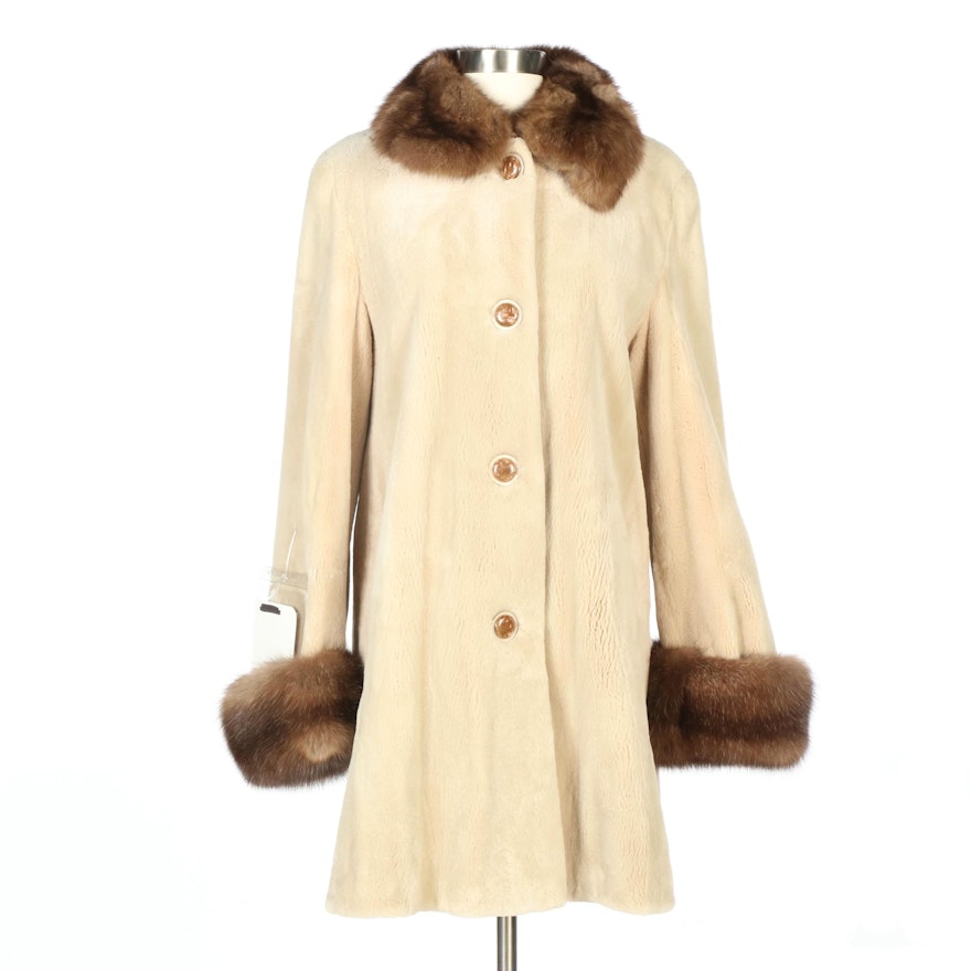 Camel Dyed Sheared Mink Fur Coat with Sable Fur Trim