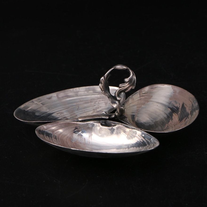 Wallace Silver Sterling Clamshell Three-Section Nut Serving Bowl, Mid-20th C.