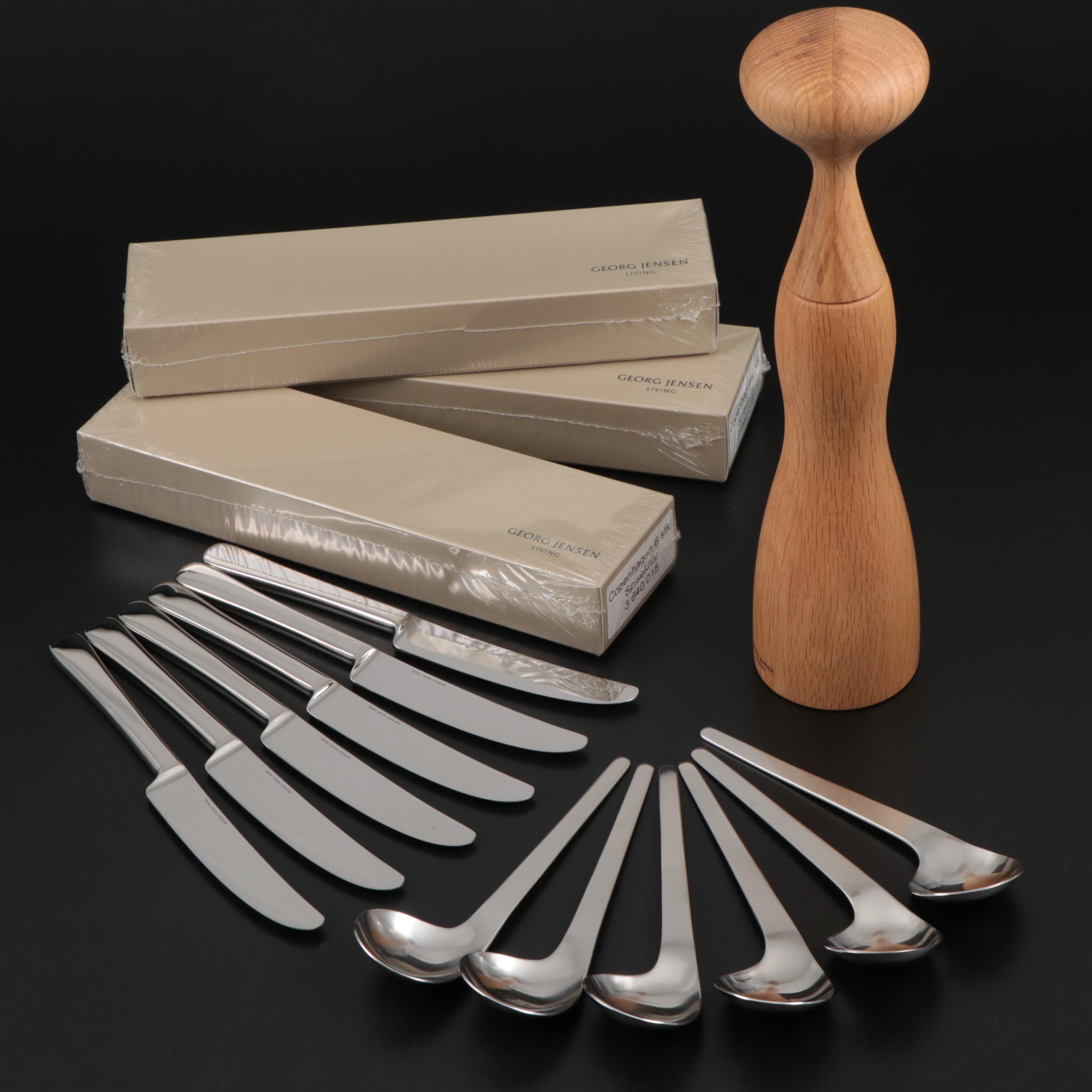 Georg Jensen Stainless Steel "Copenhagen" Knives, Spoons and Pepper Mill