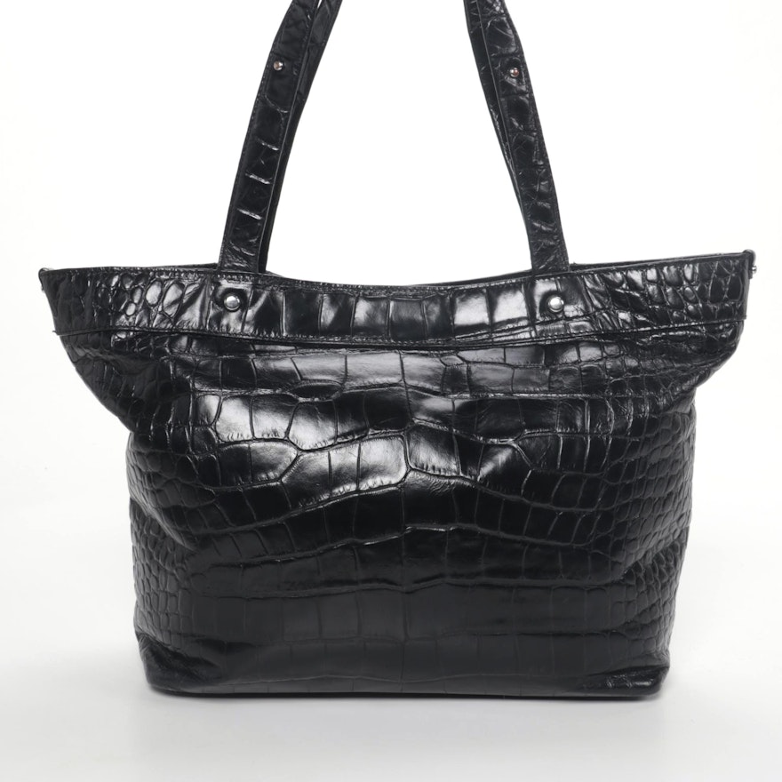 Lauren Ralph Lauren Tote in Crocodile Embossed Black Leather