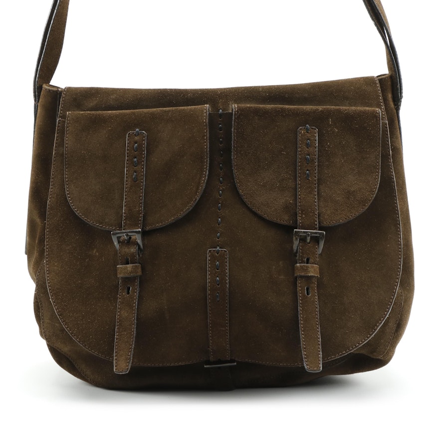 Prada Brown Suede Flap Front Saddle Bag