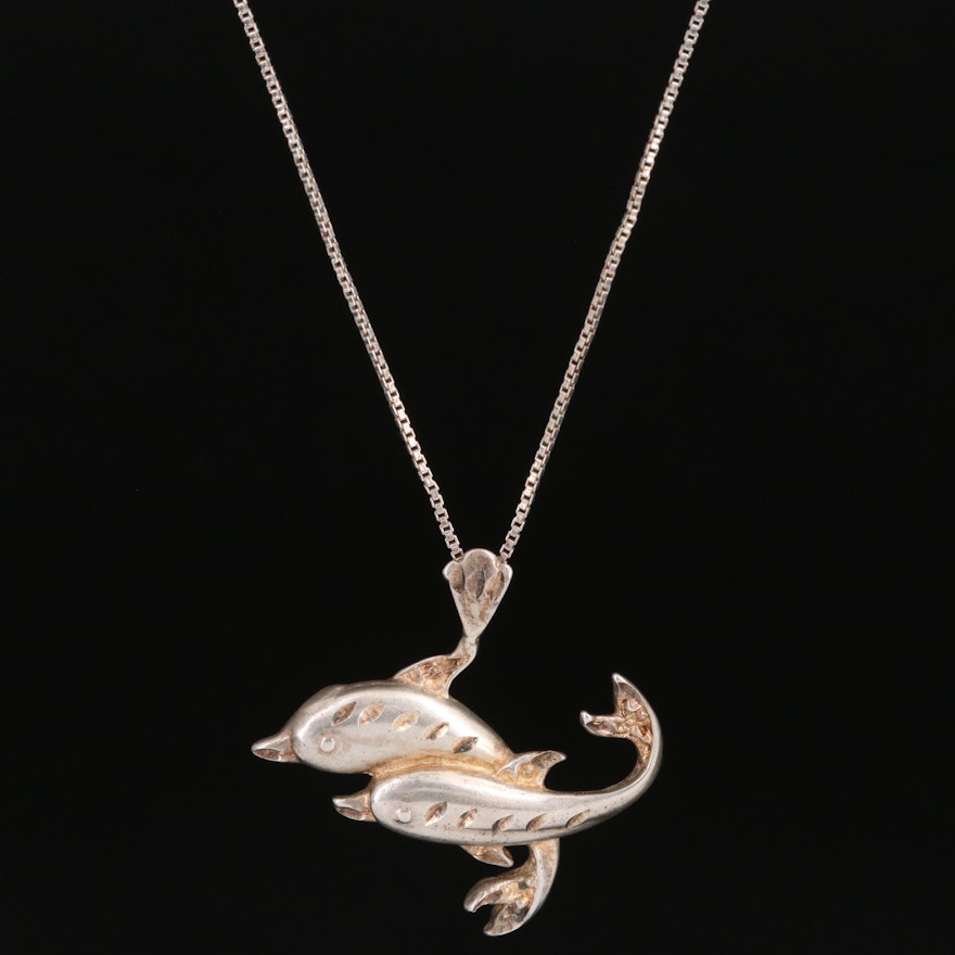 Sterling Silver Double Dolphin Pendant Necklace