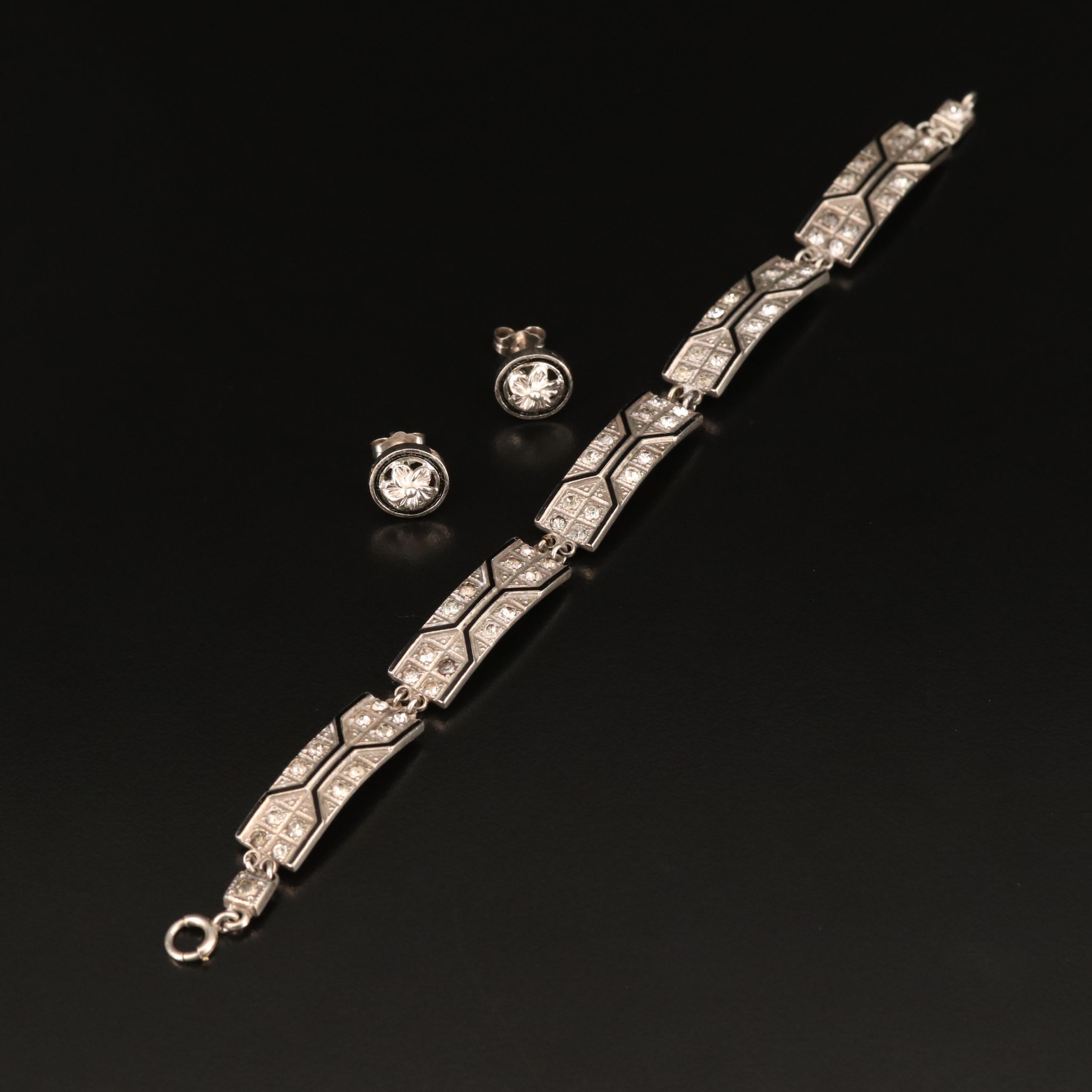 Art Deco Style Rhinestone and Marcasite Panel Bracelet with Floral Stud Earrings