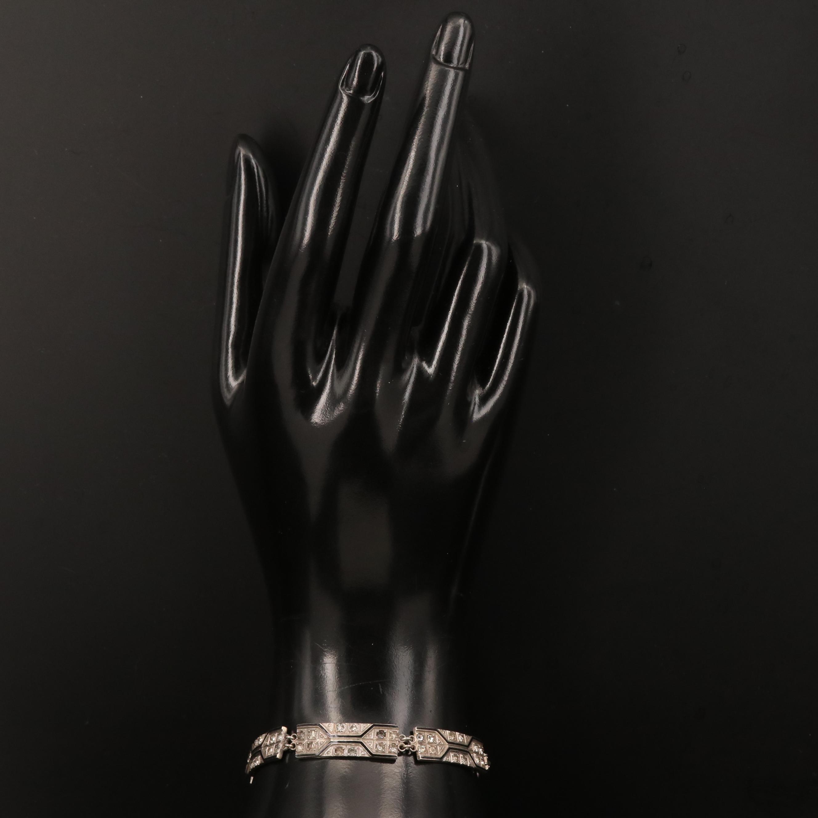 Art Deco Style Rhinestone and Marcasite Panel Bracelet with Floral Stud Earrings