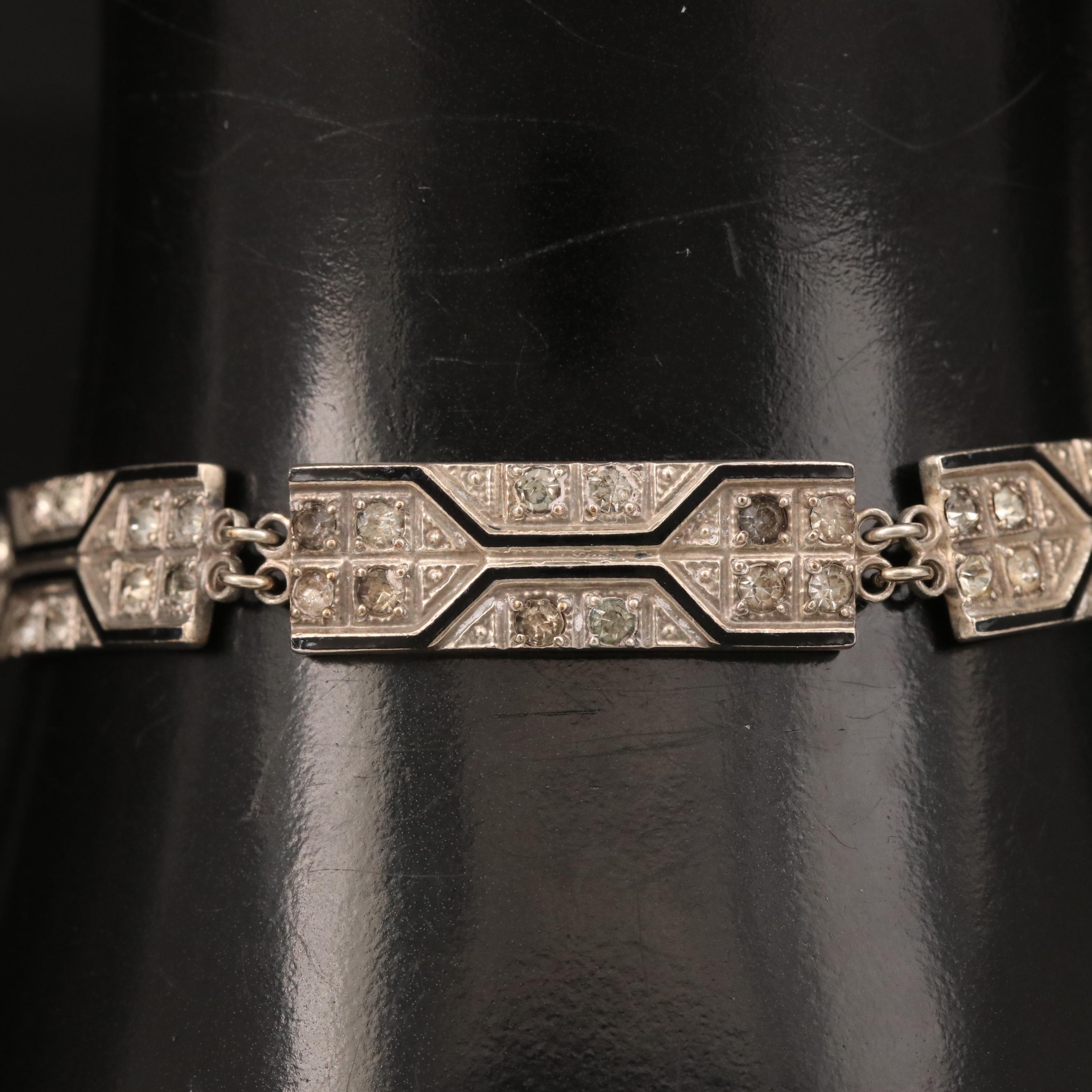 Art Deco Style Rhinestone and Marcasite Panel Bracelet with Floral Stud Earrings