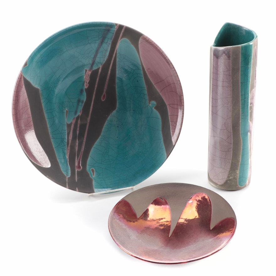 Tony Evans Raku Pottery Bowls and Vase, Late 20th Century