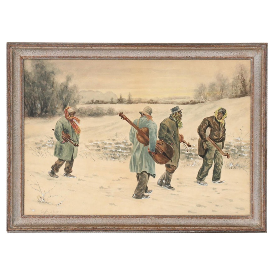 Gouache and Watercolor Painting of Musicians in the Snow, 1895