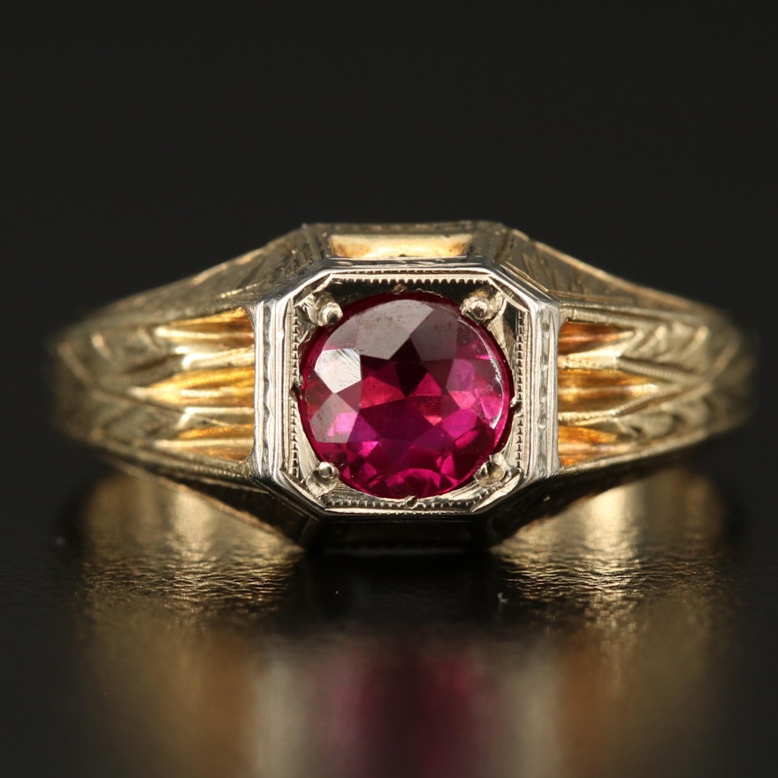 Art Deco 10K Ruby Ring with 18K Accent