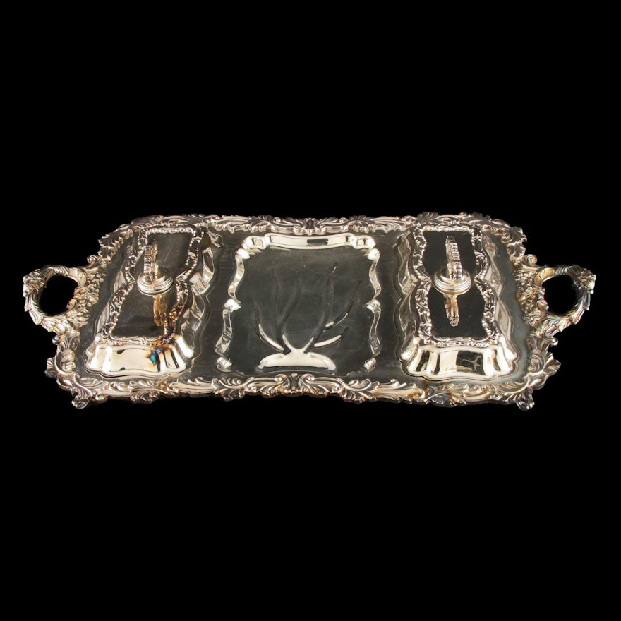 Three Part Footed Meat Silver Plate Platter, Mid-Late 20th Century