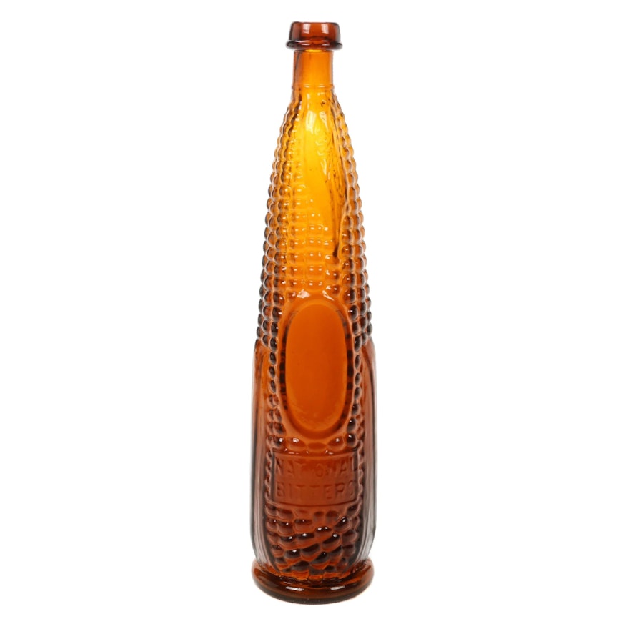 National Bitters Corn Shaped Amber Glass Bottle, Mid to Late 19th Century