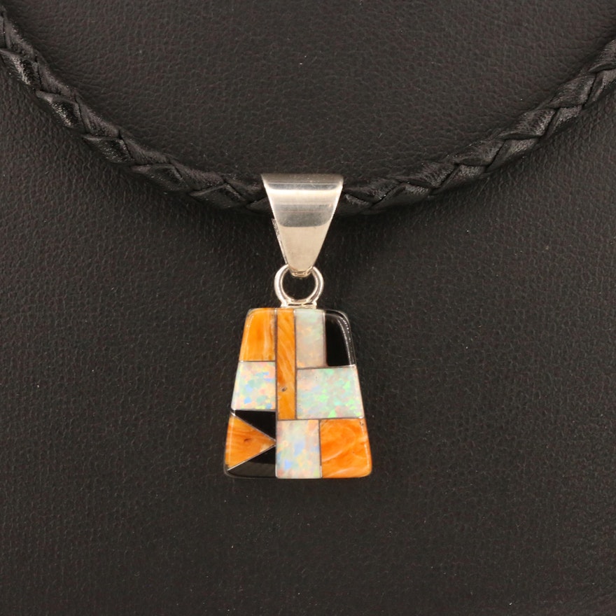 Southwestern Style Sterling Silver Gemstone Inlay Reversible Pendant Necklace