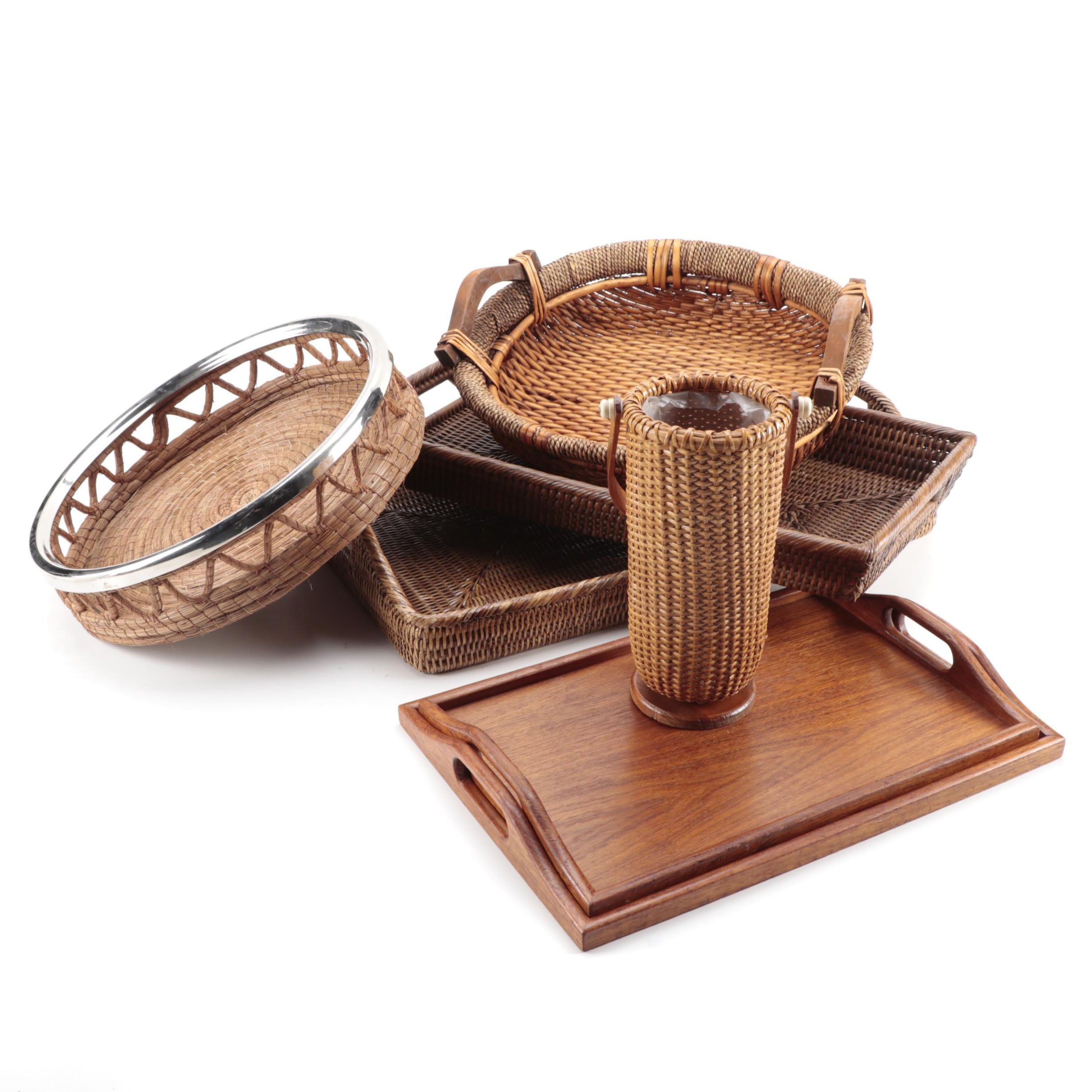Mid Century Modern Teak Serving Trays with Wicker Tableware