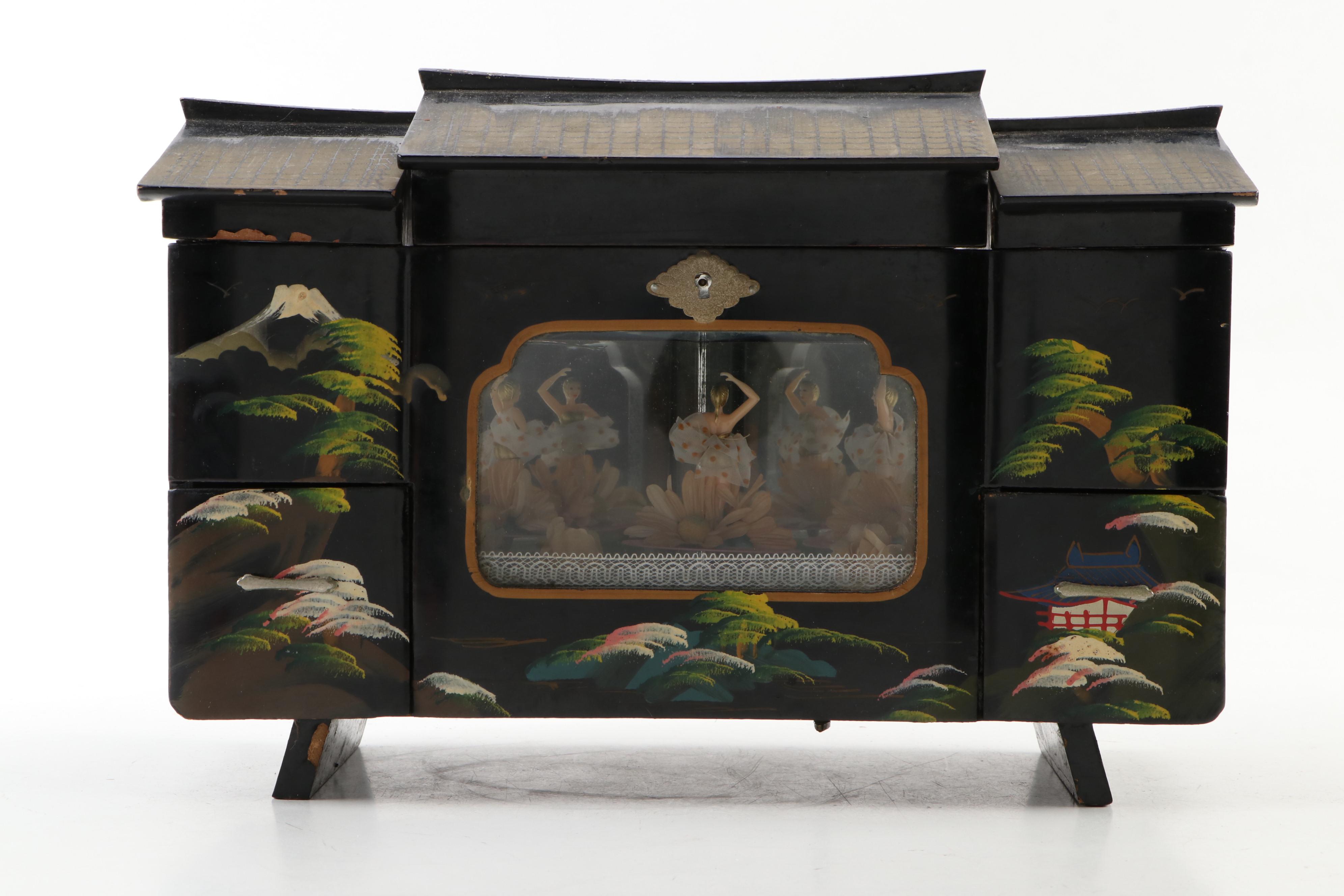 Toyo Japan Lacquer Wood Musical Jewelry Box, Mid-20th Century