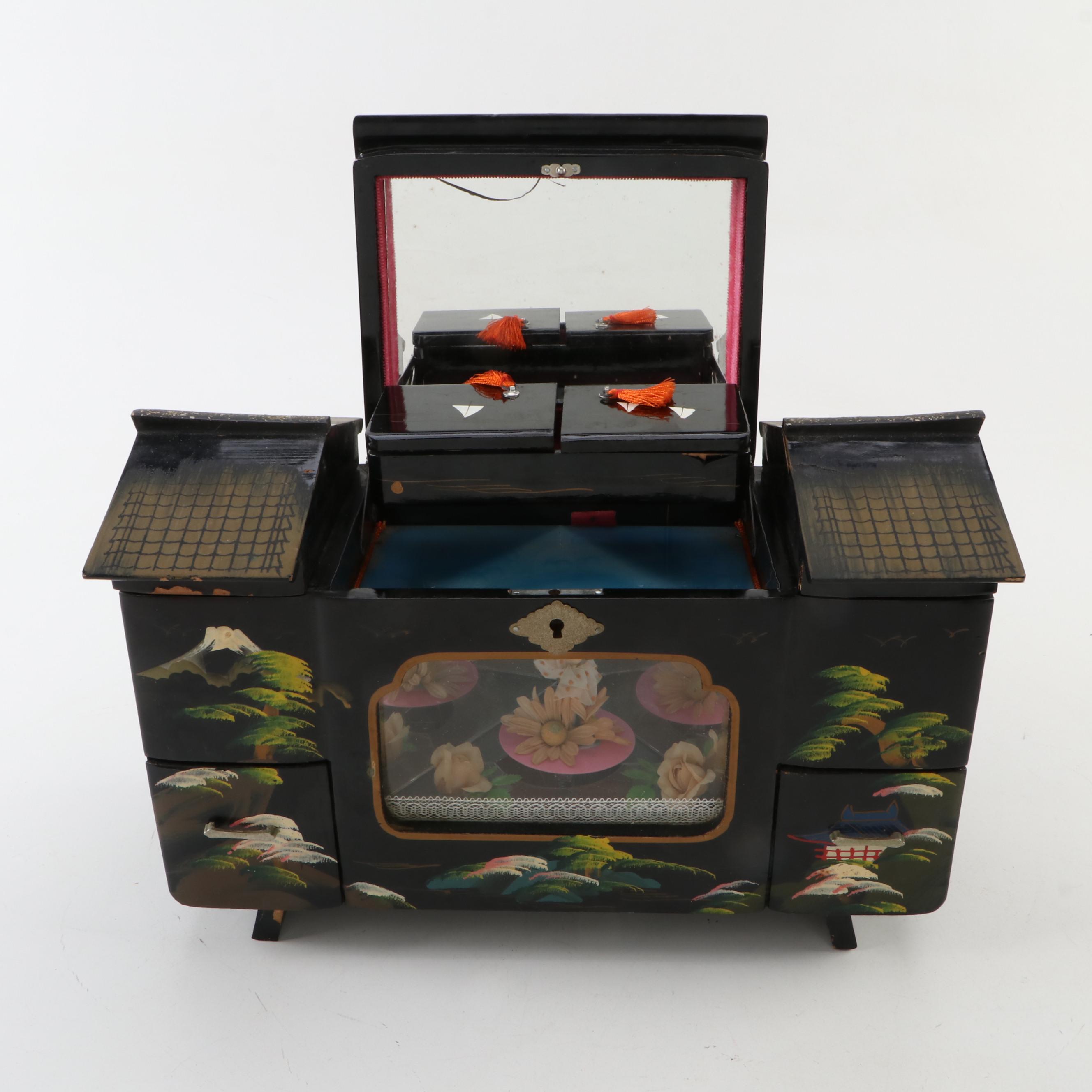 Toyo Japan Lacquer Wood Musical Jewelry Box, Mid-20th Century