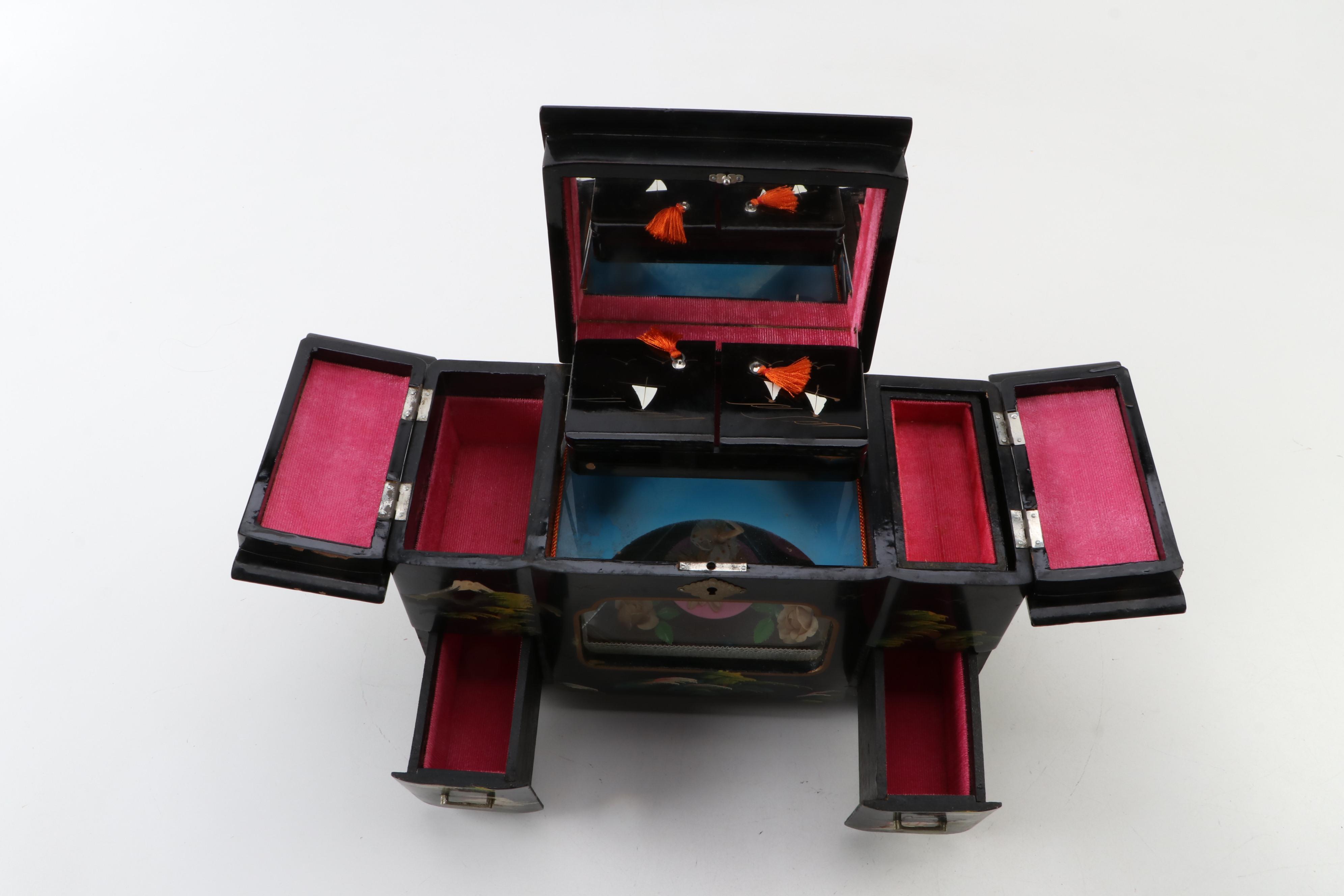 Toyo Japan Lacquer Wood Musical Jewelry Box, Mid-20th Century