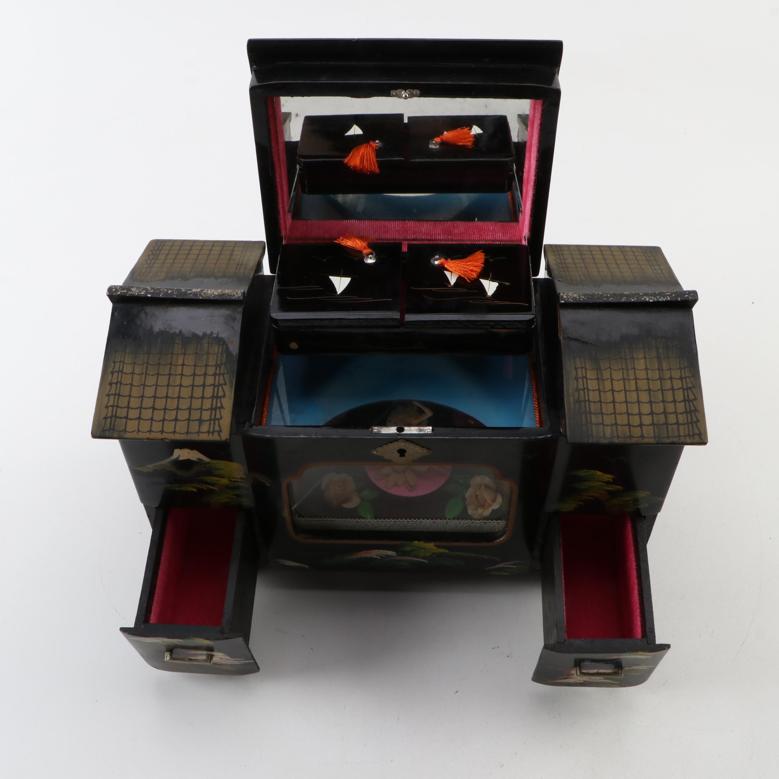 Toyo Japan Lacquer Wood Musical Jewelry Box, Mid-20th Century