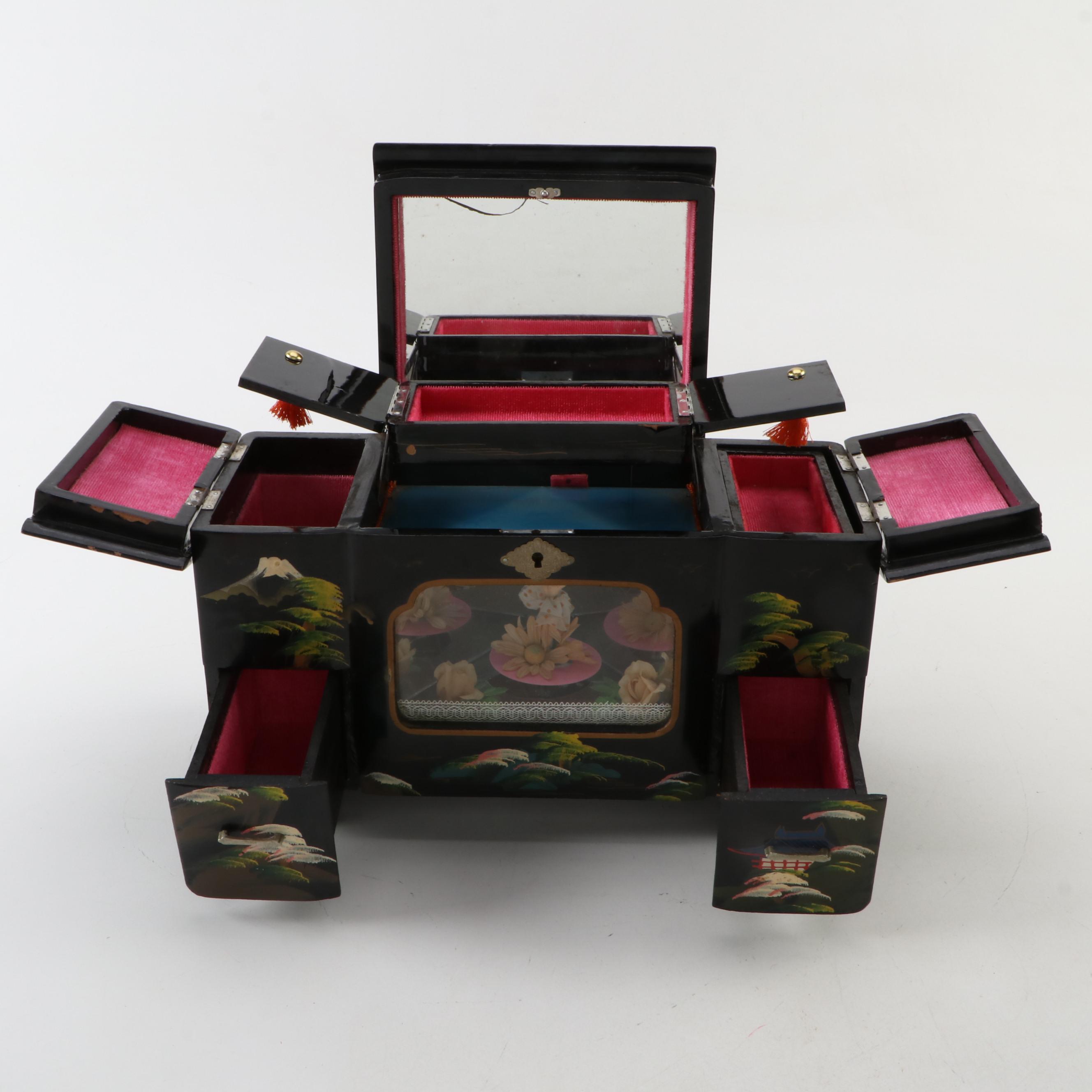 Toyo Japan Lacquer Wood Musical Jewelry Box, Mid-20th Century