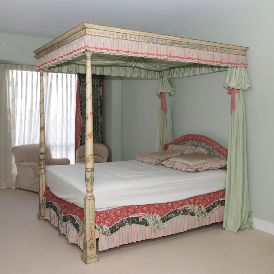 John Widdicomb Hand-Painted Four Poster Canopy Bed with Upholstered Headboard