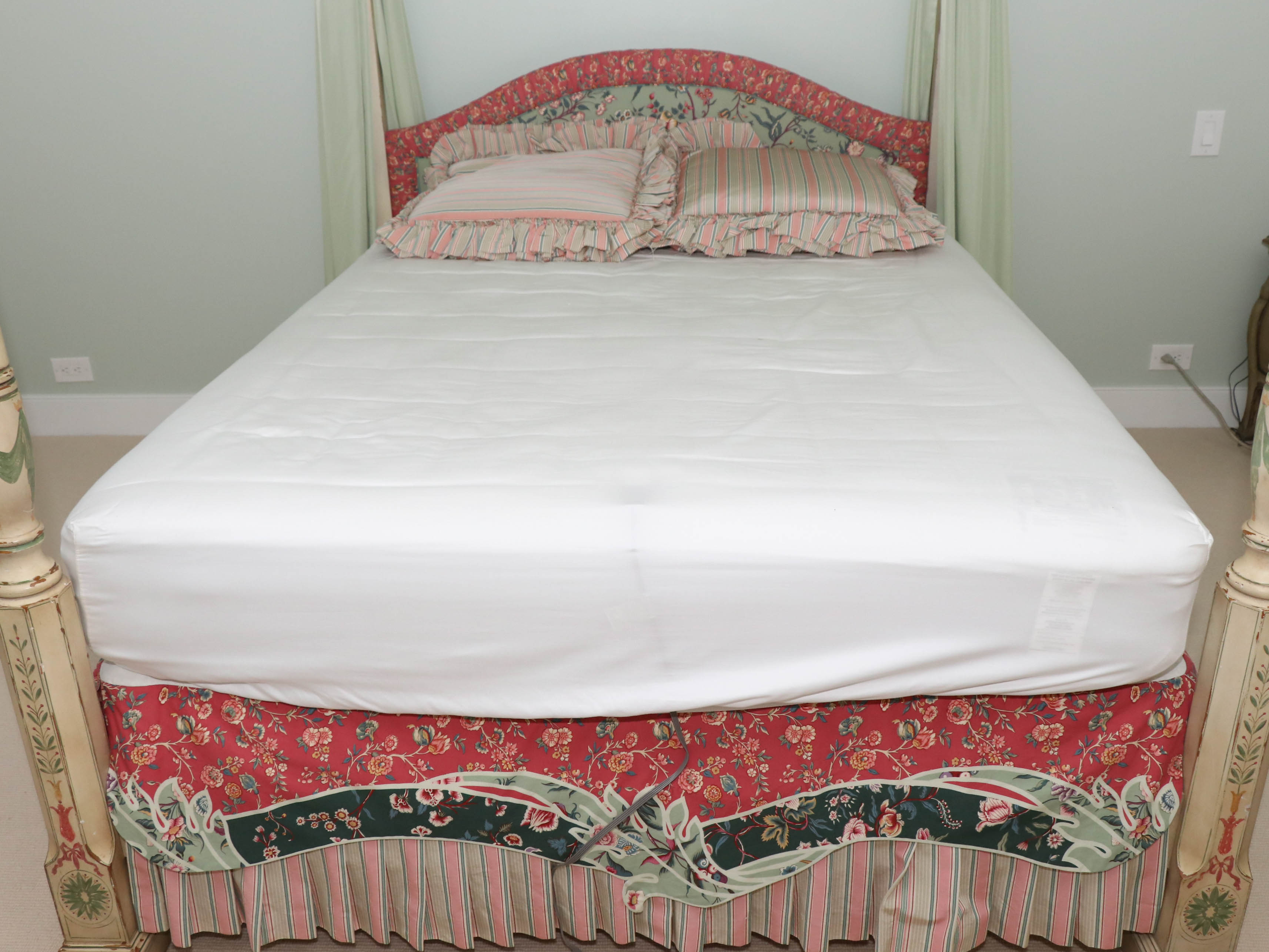 John Widdicomb Hand-Painted Four Poster Canopy Bed with Upholstered Headboard