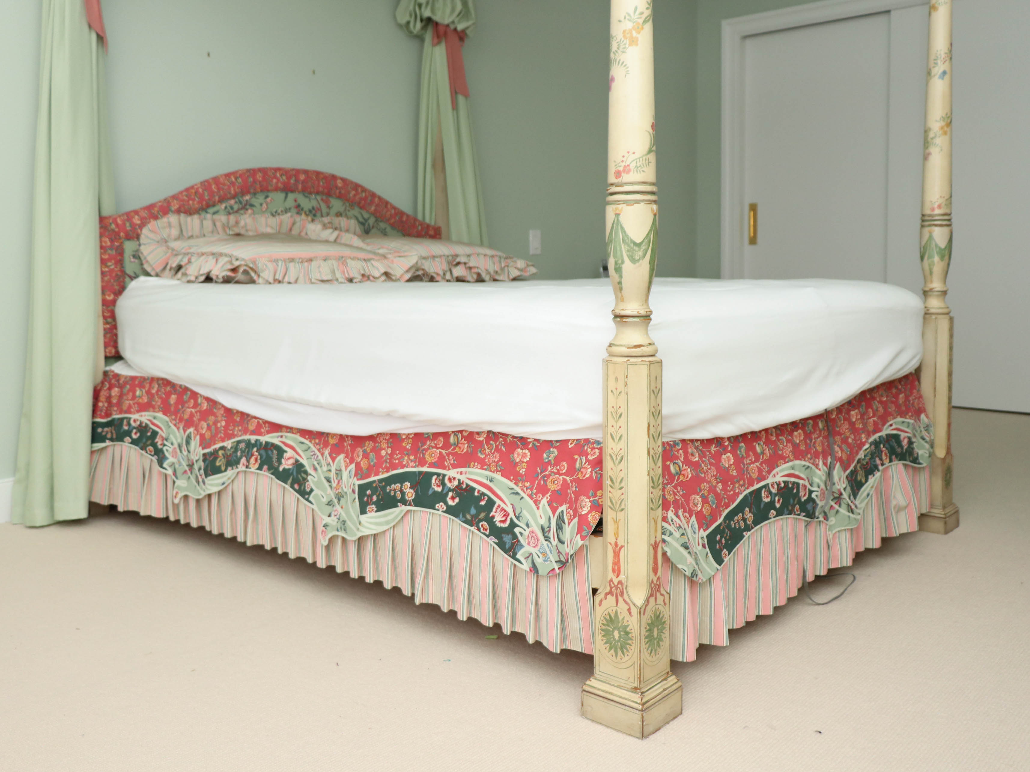 John Widdicomb Hand-Painted Four Poster Canopy Bed with Upholstered Headboard