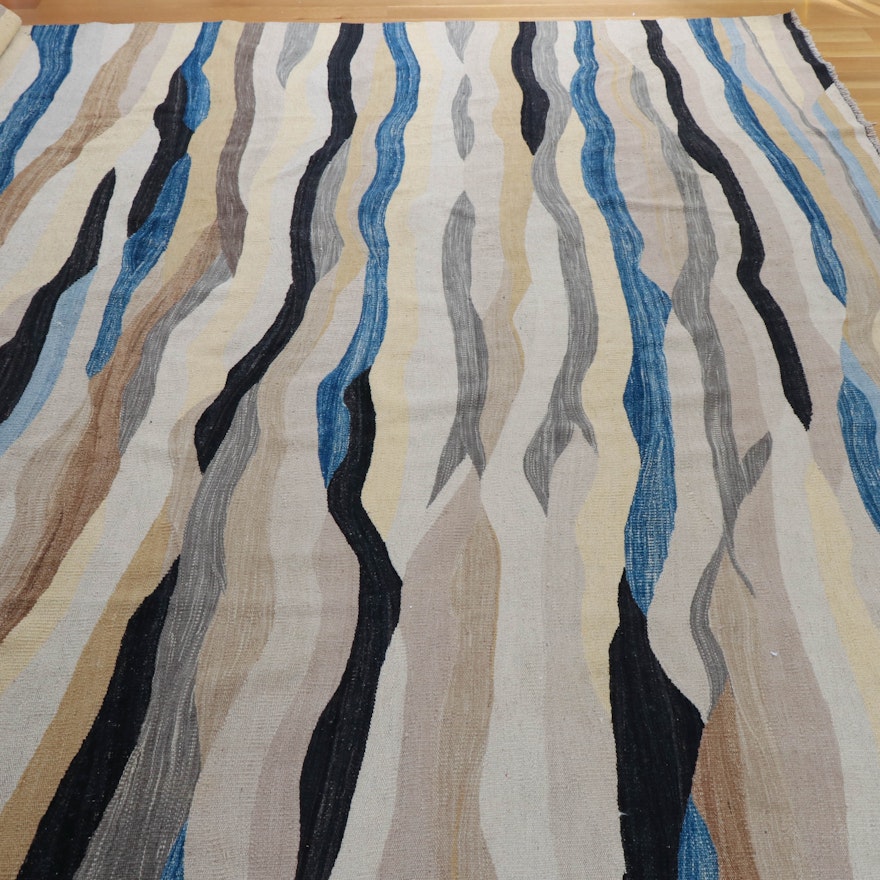 9'4 x 14'4 Hand-Knotted Wool Area Rug in Natural, Steel Grey and Blue Hues