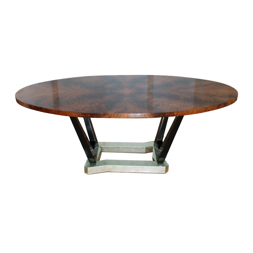 Flame Mahogany Bookmatched Veneer Dining Table with Modern Base, Late 20th C