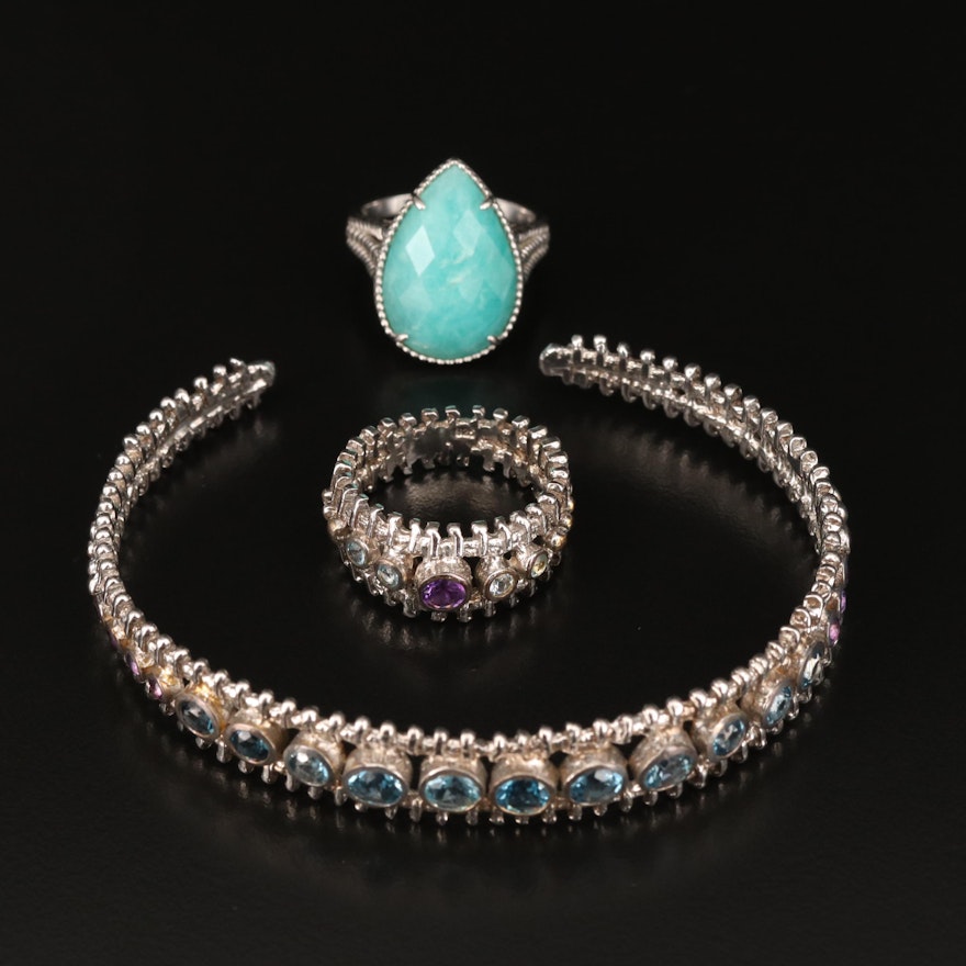 Sterling Topaz and Amethyst Bracelet and Ring Set Including Effy Amazonite Ring