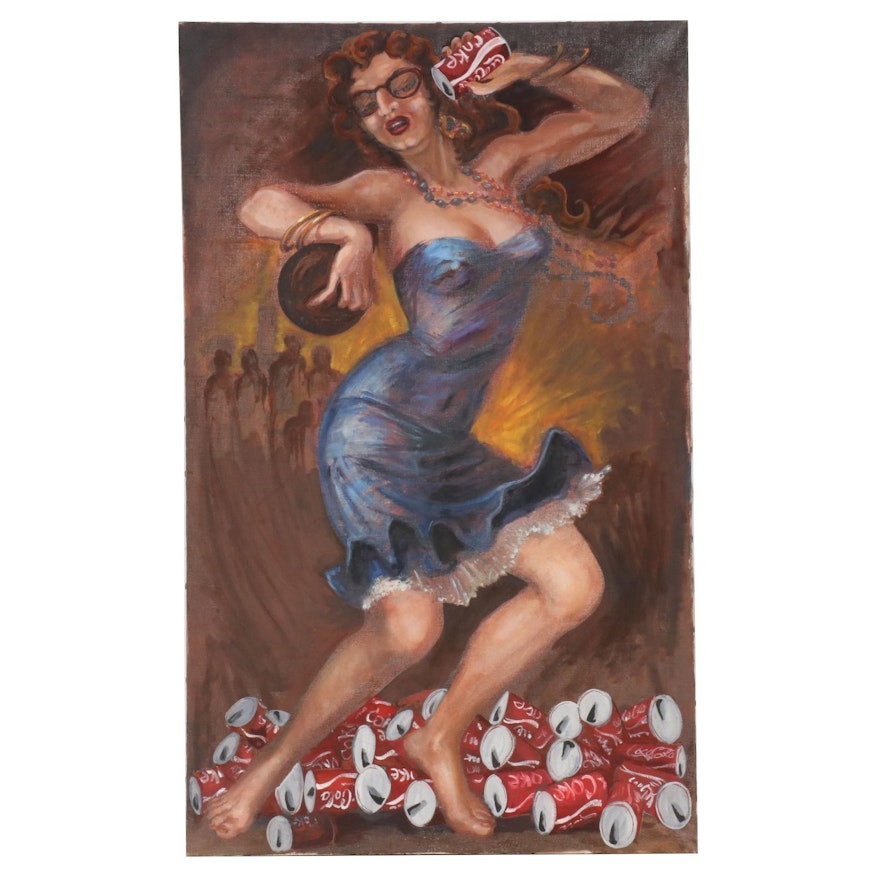 Oil Painting of Dancing Woman with Coca-Cola, Mid-20th Century