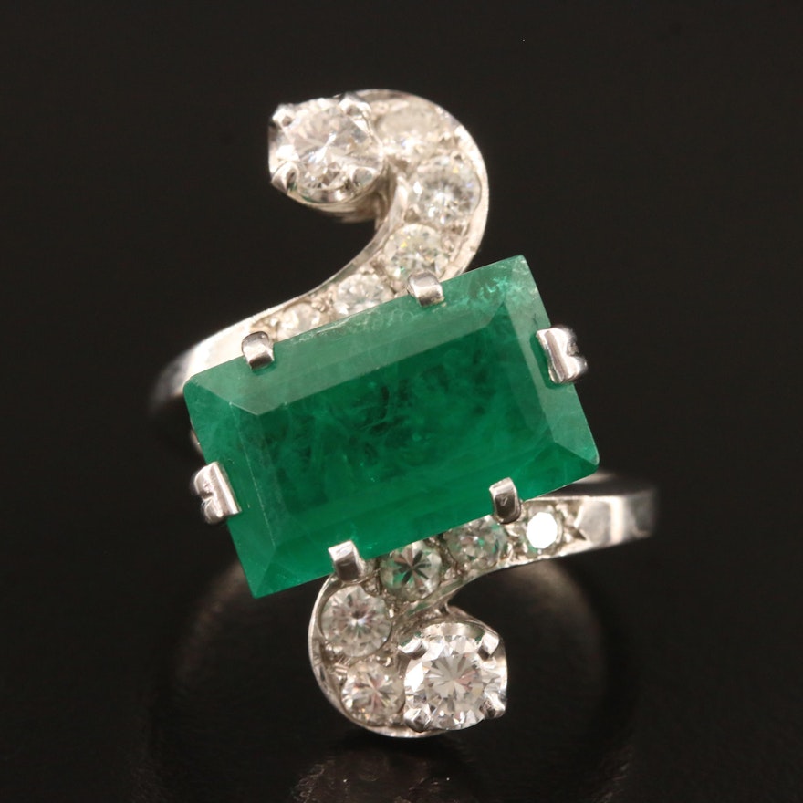Circa 1950 14K Emerald and Diamond Bypass Ring