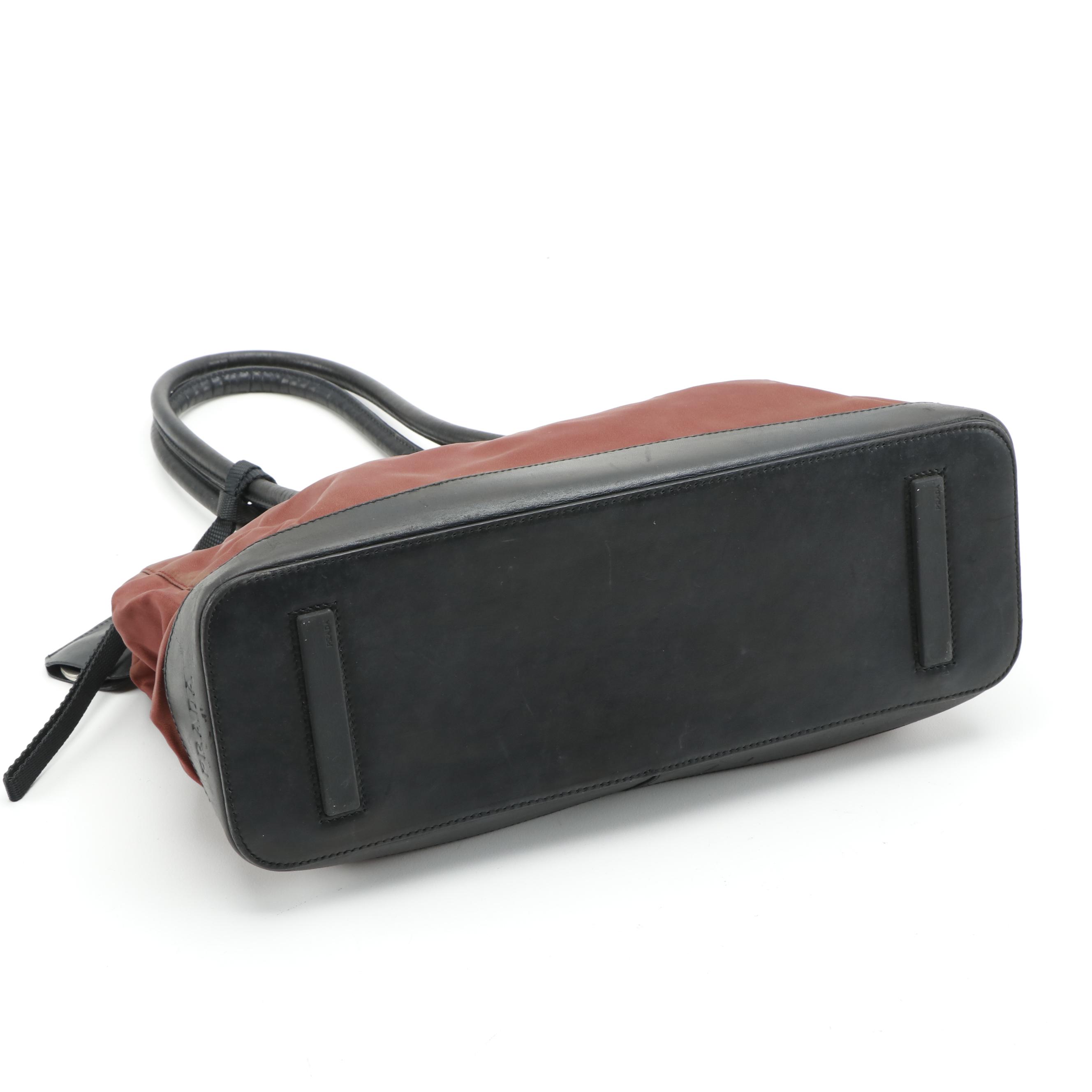 Prada Rust Nylon and Black Leather Horizontal Bag