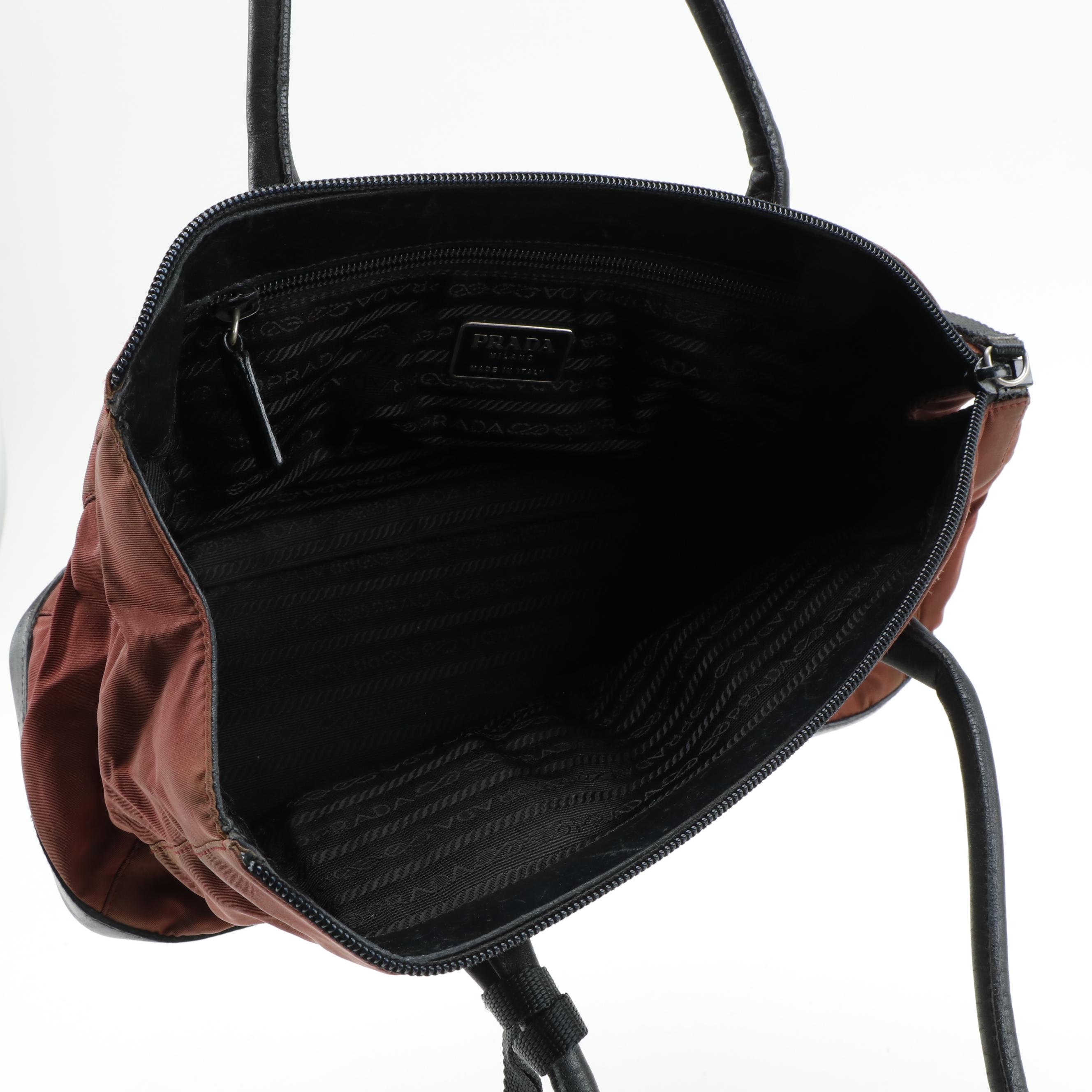 Prada Rust Nylon and Black Leather Horizontal Bag