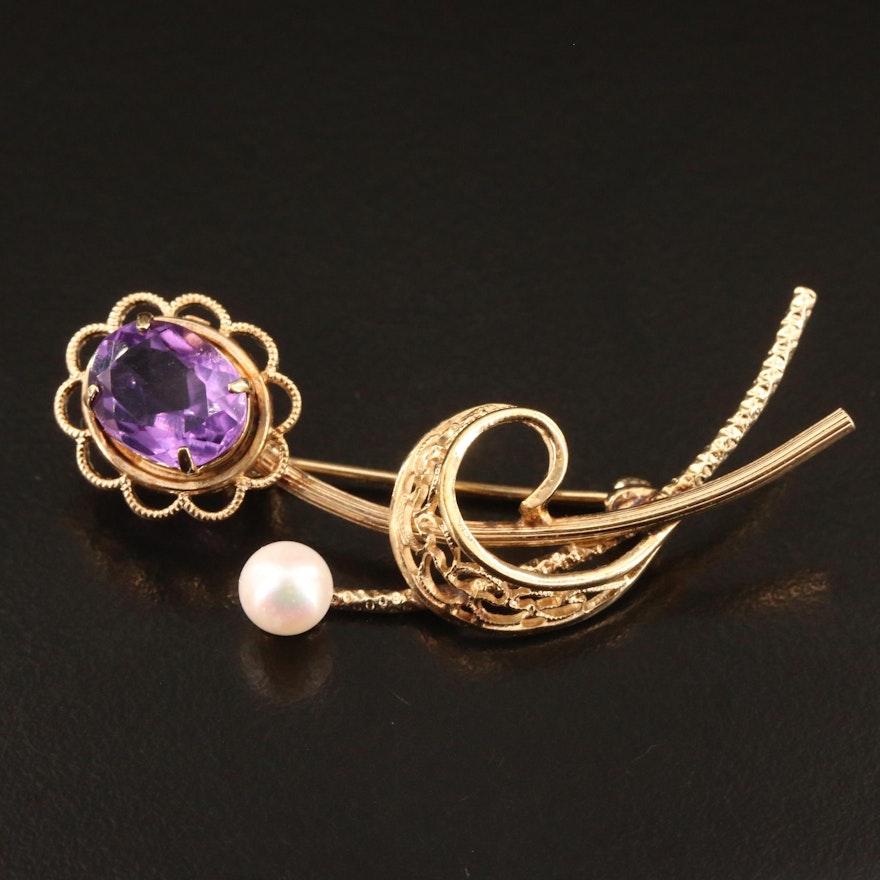 Amethyst and Pearl Floral Brooch