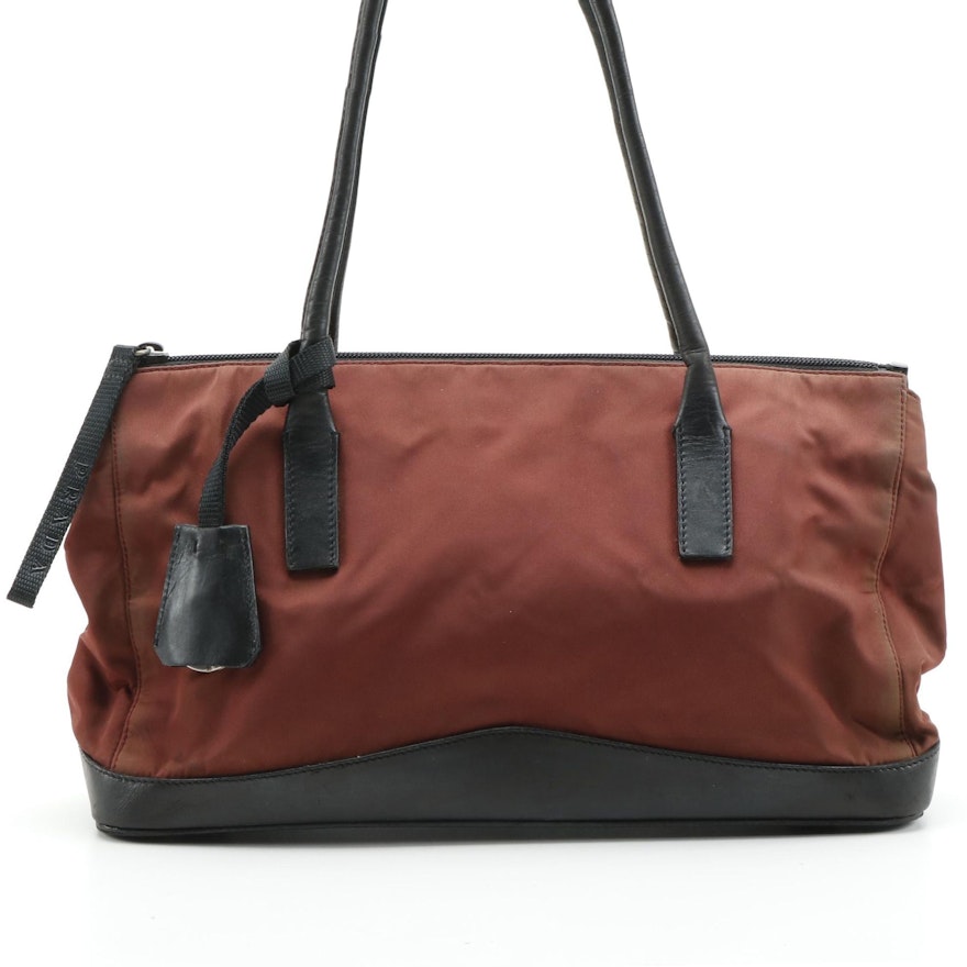 Prada Rust Nylon and Black Leather Horizontal Bag