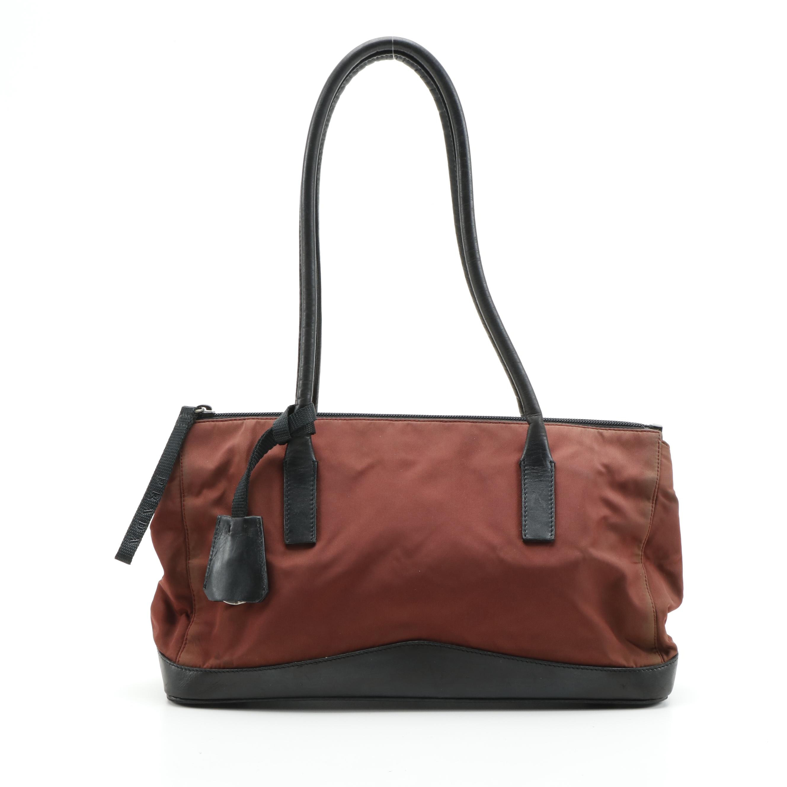 Prada Rust Nylon and Black Leather Horizontal Bag