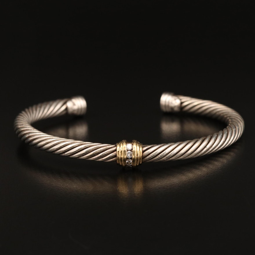 David Yurman Sterling Silver Diamond Cable Cuff with 18K Accent