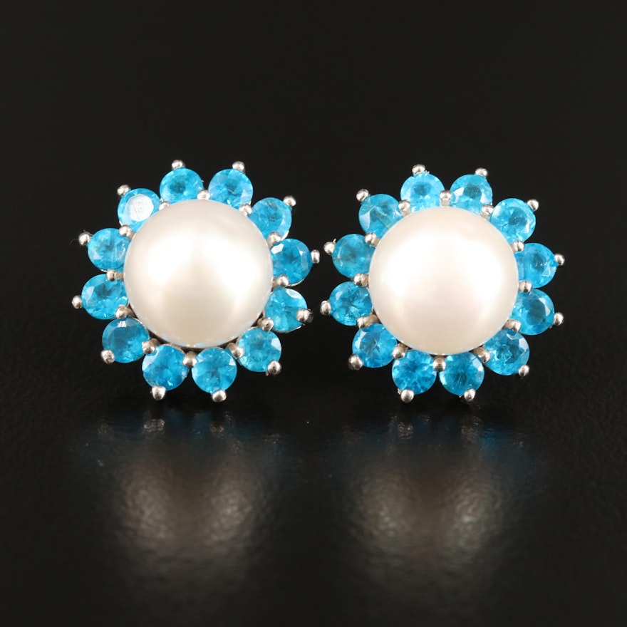 Sterling Silver Pearl and Apatite Button Earrings