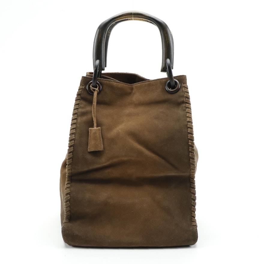 Gucci Whipstitch Brown Suede Tote with Wooden Handles