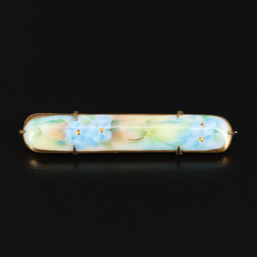 Antique Porcelain Hand Painted Bar Brooch