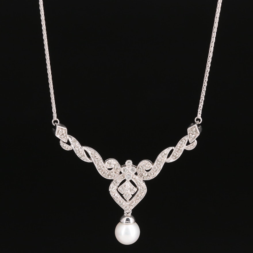 10K Pearl and Diamond Necklace with Milgrain Detailing